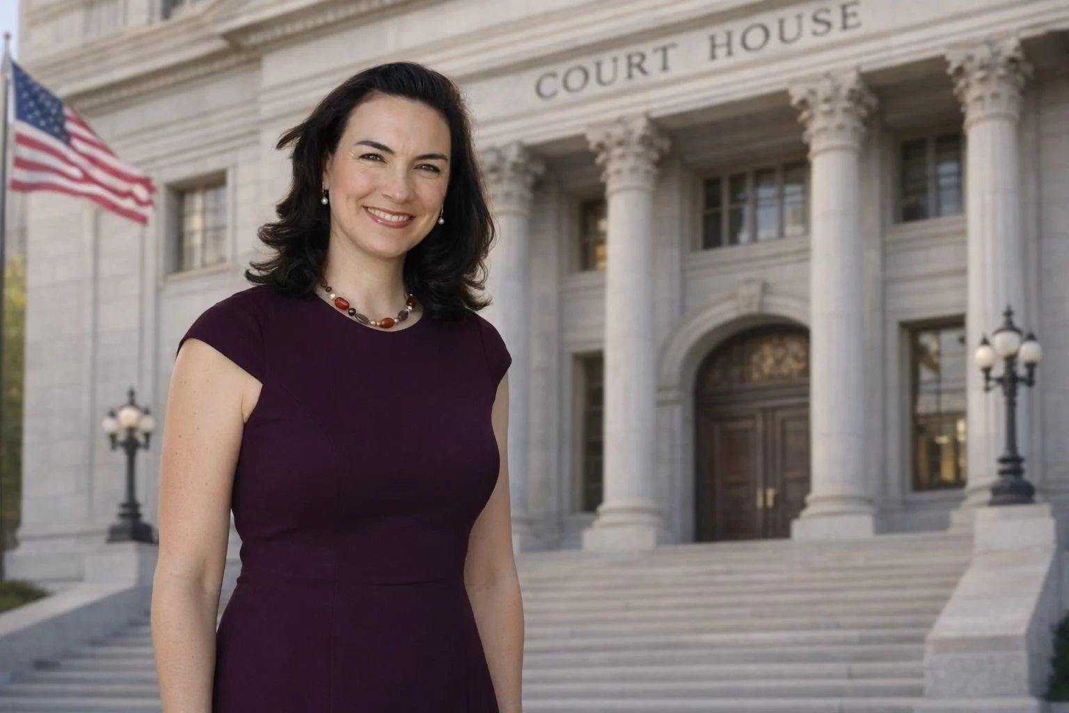 A woman in a purple dress standing in front of a courthouse with columns and steps, American flag waving to the left.