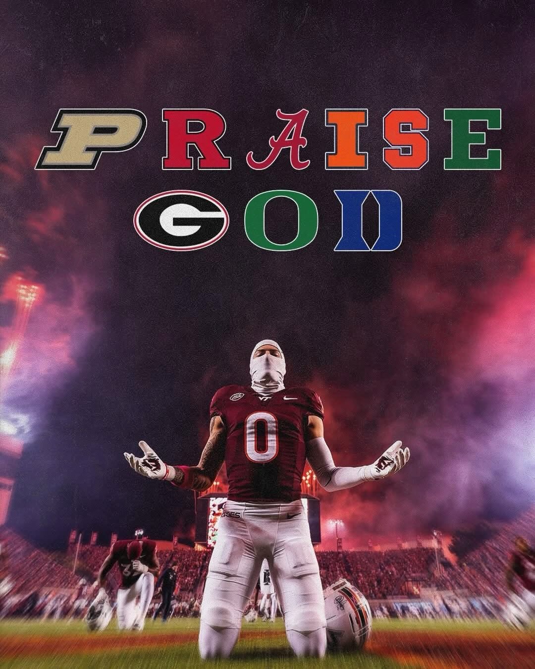 God above all. 

Virginia Tech: @keegandebernardphoto 
Texas Tech: @harwood_photography 
Indiana: @urbsphotos