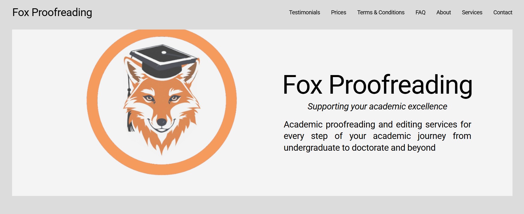 Logo of Fox Proofreading featuring a fox wearing a graduation cap and a circular orange border, alongside black text that reads 'Fox Proofreading' and supporting messages about academic proofreading and editing services.