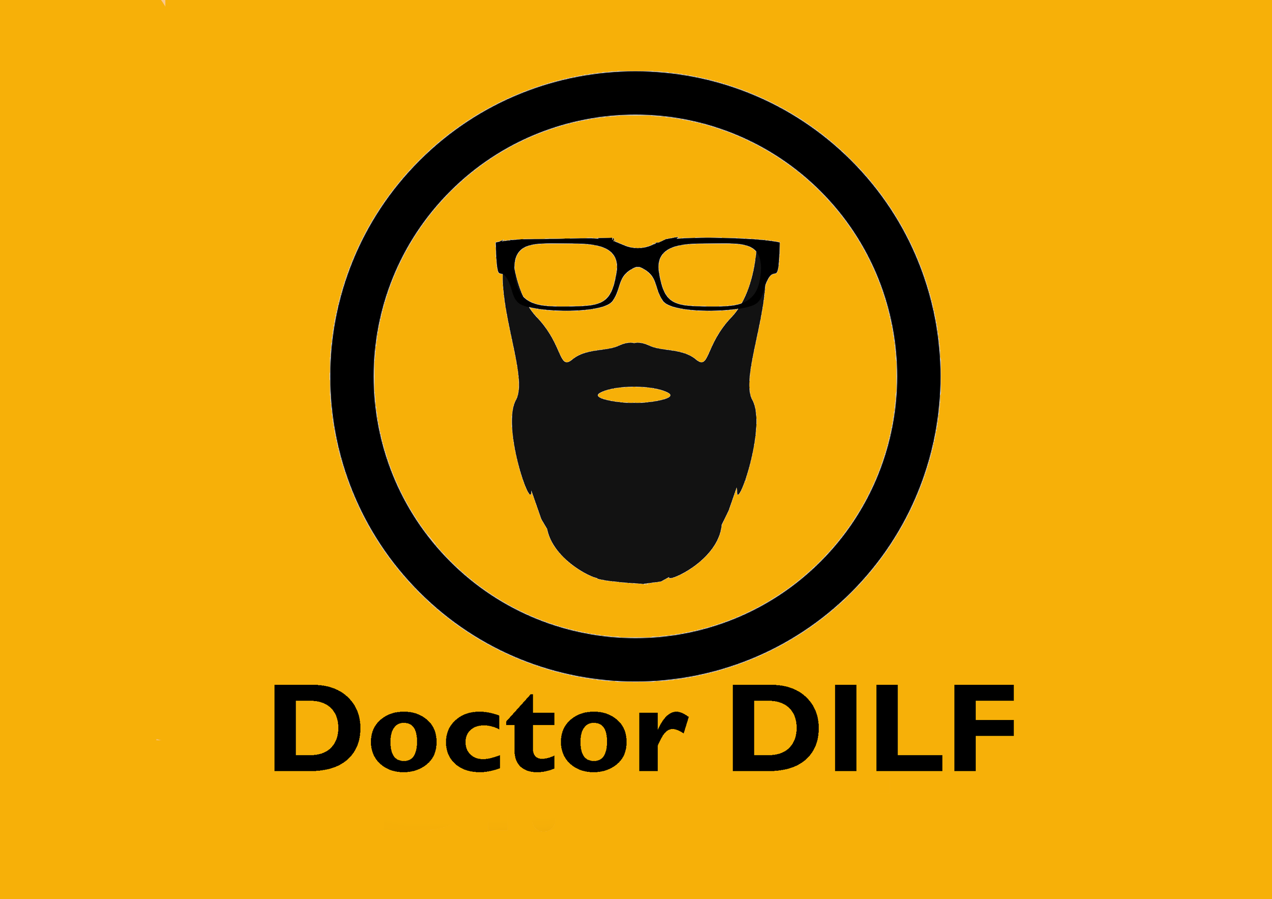 The Doctor DILF logo. The silhouette of a bearded man with glasses in a circle. Warm yellow background.
