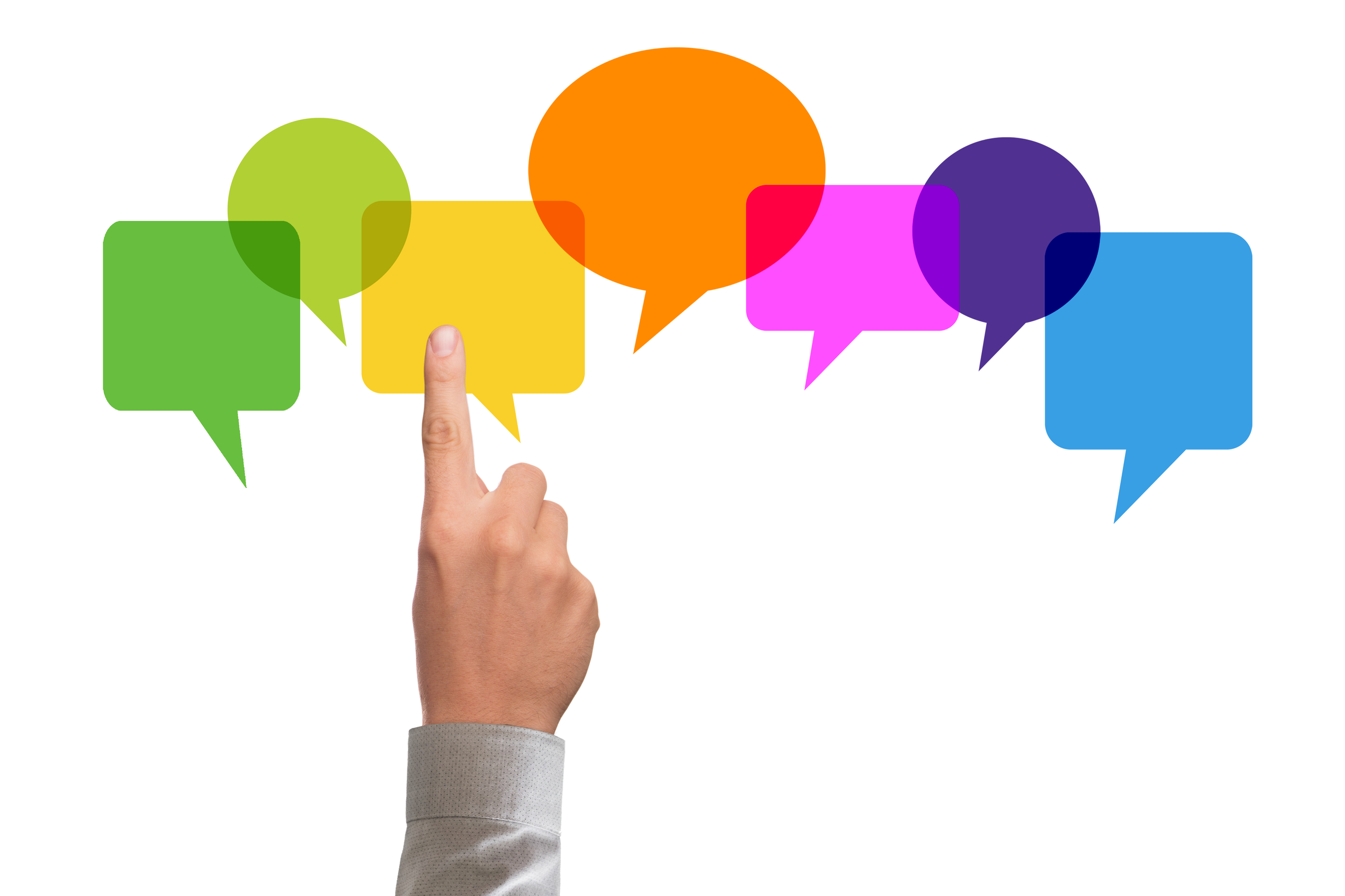 A finger pointing at speech bubbles