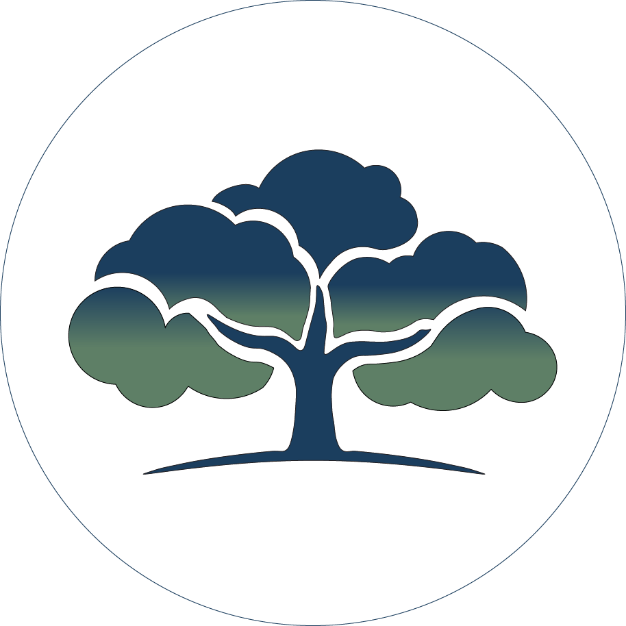 Logo of an oak tree with gradient color dark blue turning to fern green.