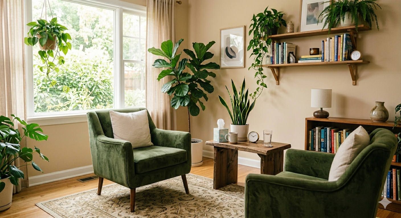 Living room with two green velvet armchairs, a wooden coffee table, multiple plants, a window allowing natural light, a bookshelf, and wall art.