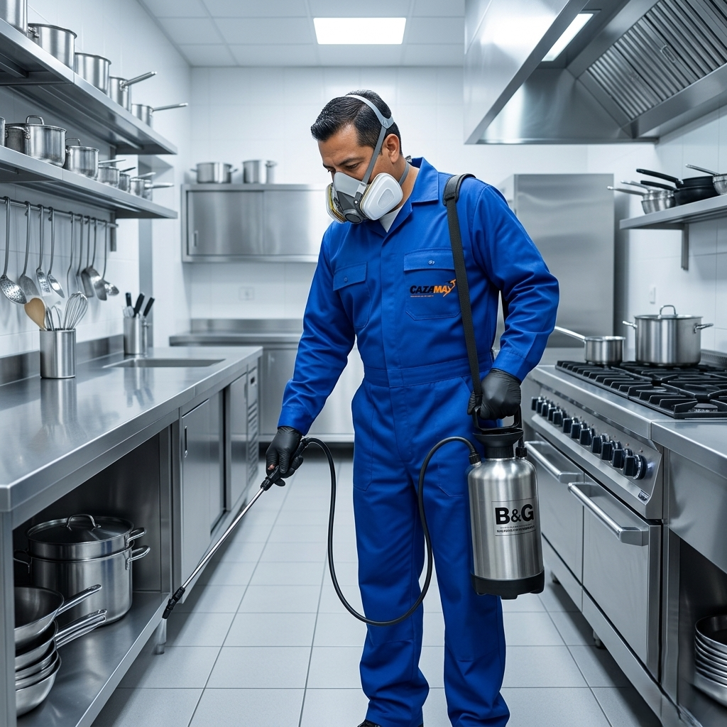 Hombre en uniforme azul y máscara de protección desinfectando una cocina profesional con un pulverizador.