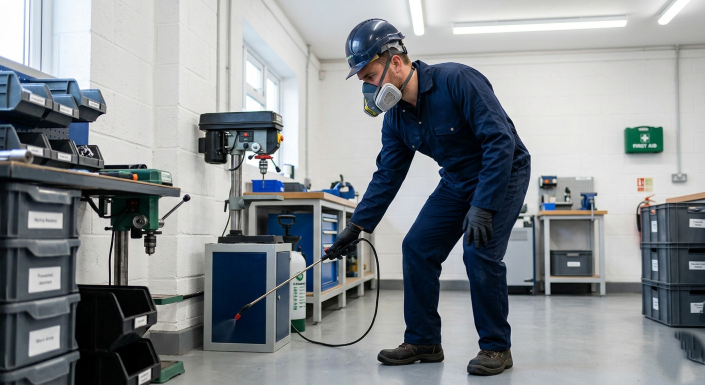 Un hombre con casco, máscara para vapores, guantes y ropa de trabajo, trabajando en un taller con mesas de herramientas y maquinaria, usando un equipo de protección y manipulando un equipo eléctrico.