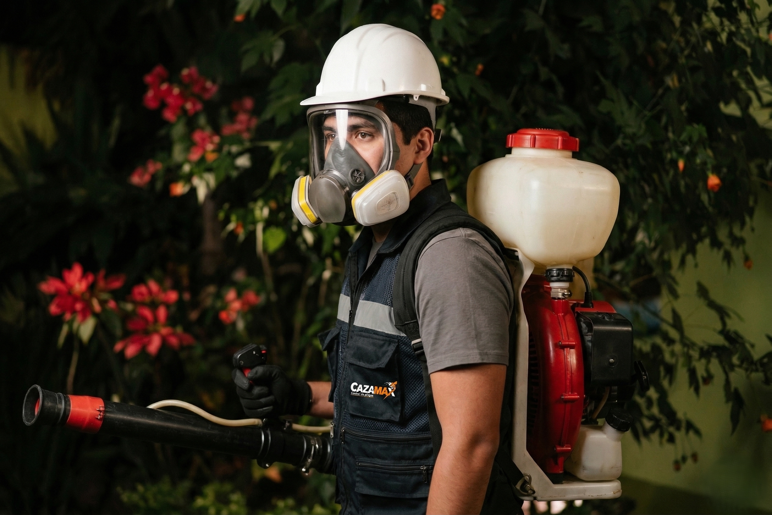 Un joven con casco y máscara protectora, con equipo de aspersión, en un entorno rodeado de plantas y flores.