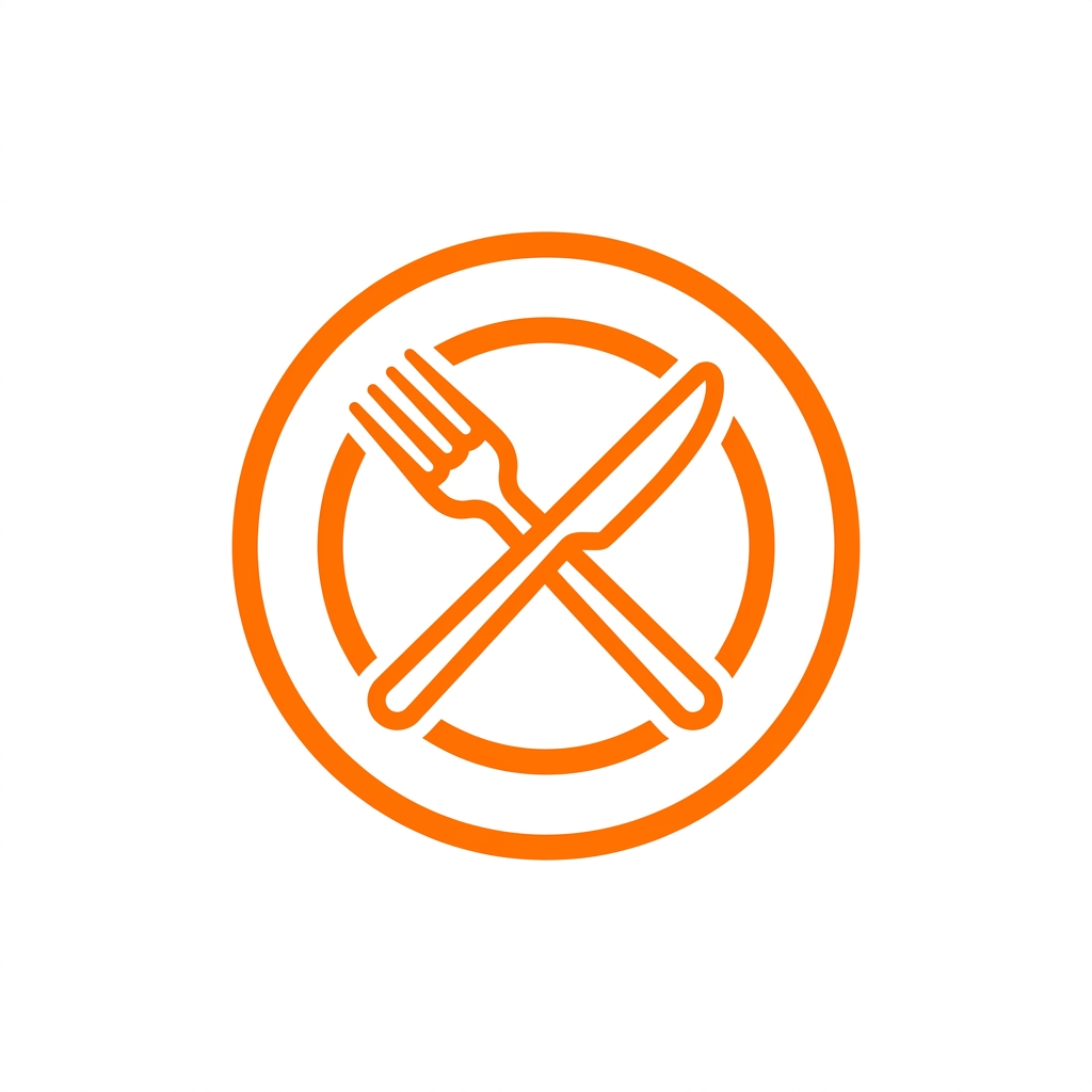 Símbolo de advertencia de prohibido comer, con un tenedor, cuchillo y plato