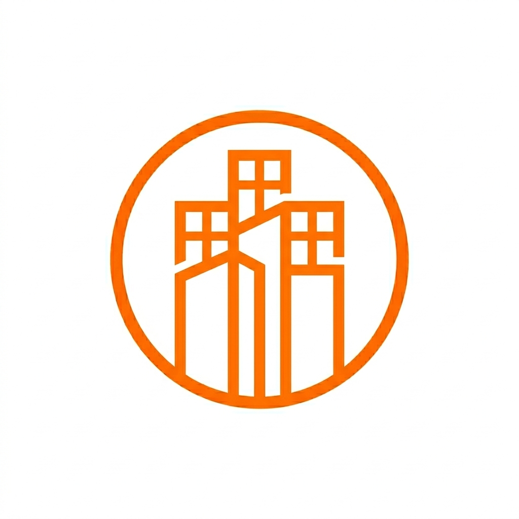 Logotipo en color naranja de una ciudad estilizada dentro de un círculo