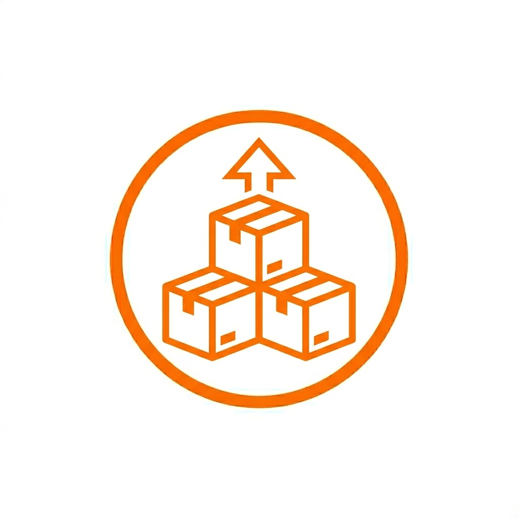 Icono de una pila de tres cajas dentro de un círculo naranja, con una flecha apuntando hacia arriba.