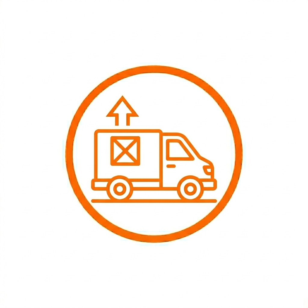 Señal de advertencia en color naranja que indica transporte de mercancías con símbolo de un camión y flecha hacia arriba.