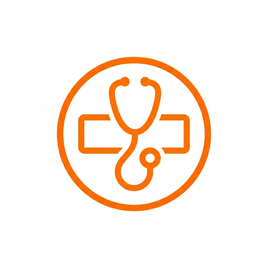 Icono de un estetoscopio y una cruz médica en un círculo naranja.