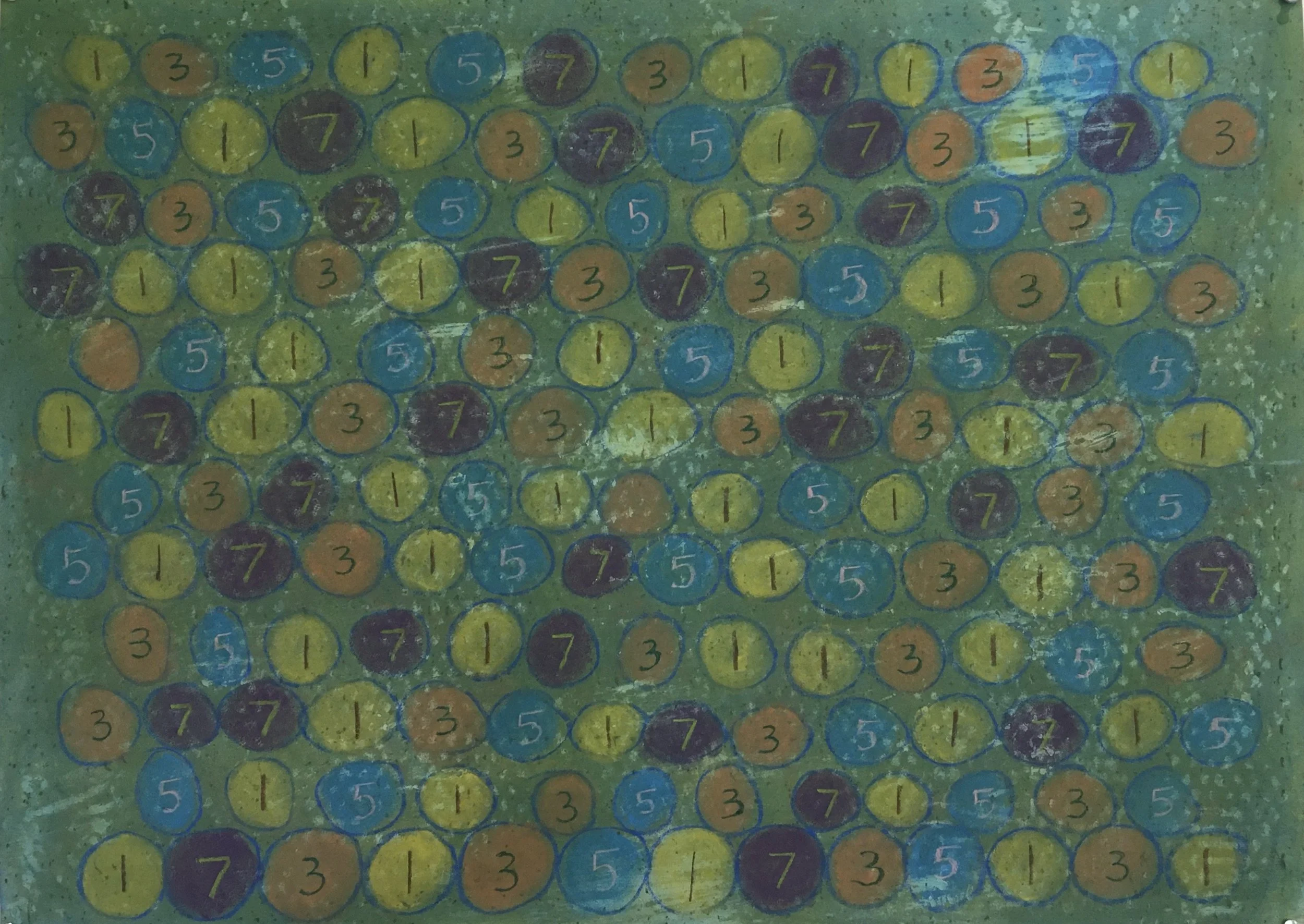  Oddball  
Soft pastels, acrylic, screen print, wax rubbing | 36" x 27"