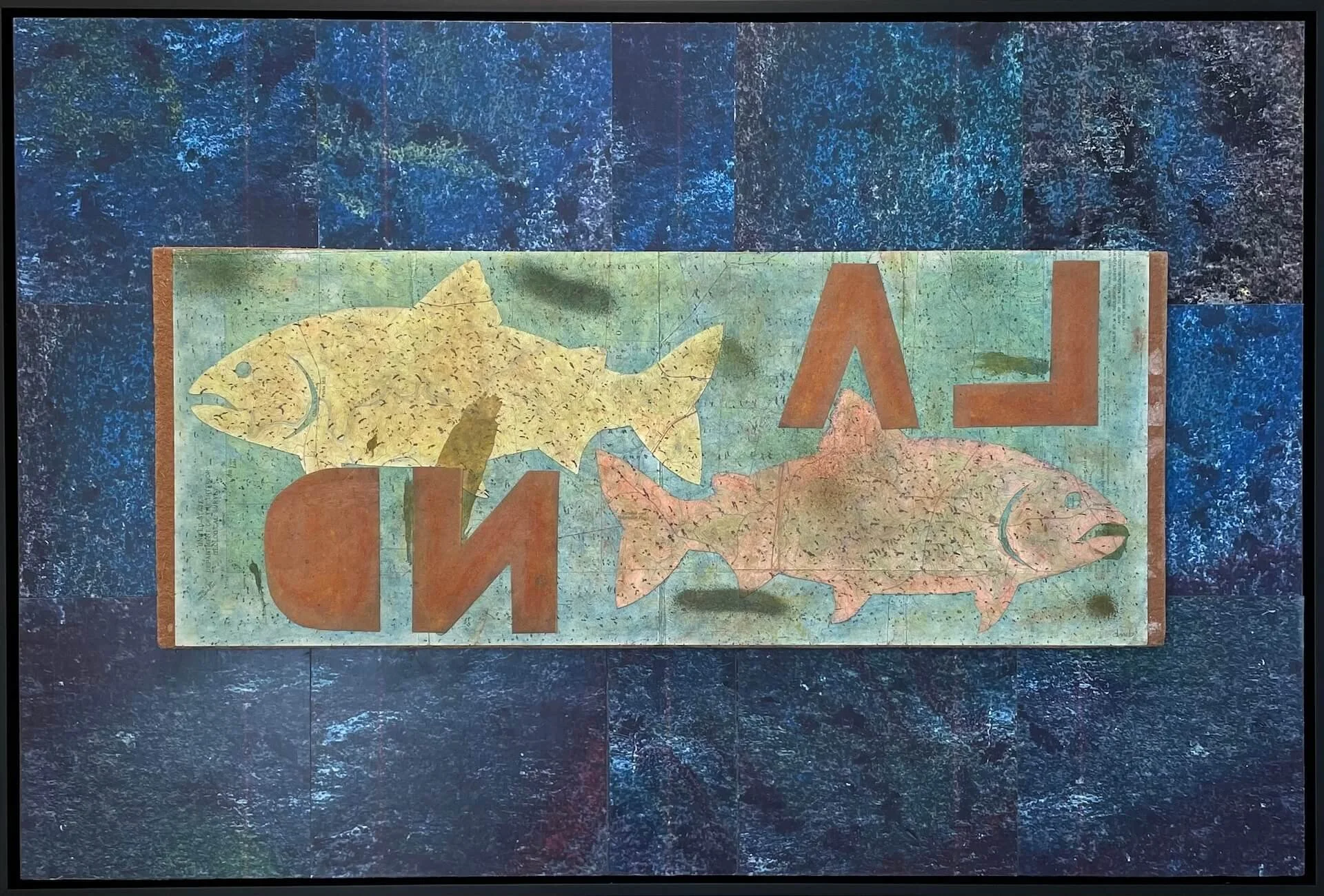  LAND  
Photographs, soft pastels and wax rubbing on vintage maps, collage, on salvaged fiberboard | 37" x 25"