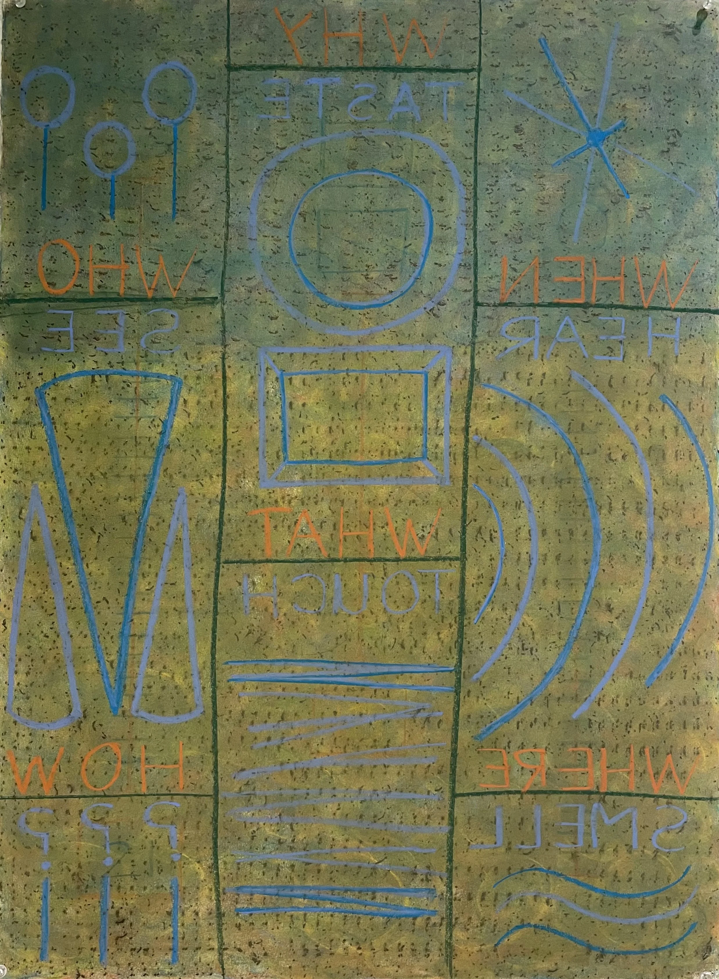  5 Senses—5 W's  
Soft pastels, acrylic, screen print, wax rubbing | 27" x 36"