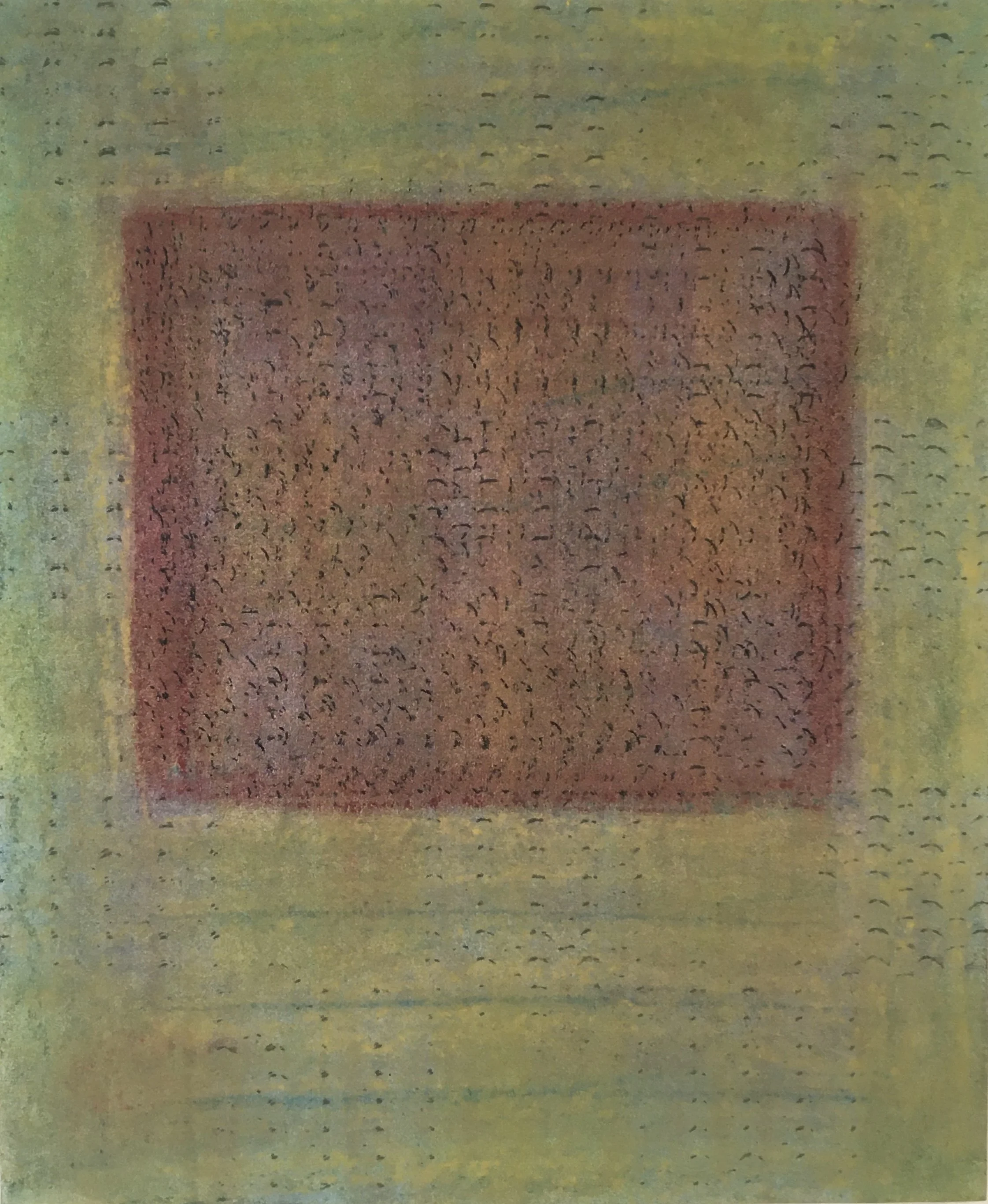  Viewpoint  
Soft pastels, acrylic, screen print, wax rubbing | 19" x 22"