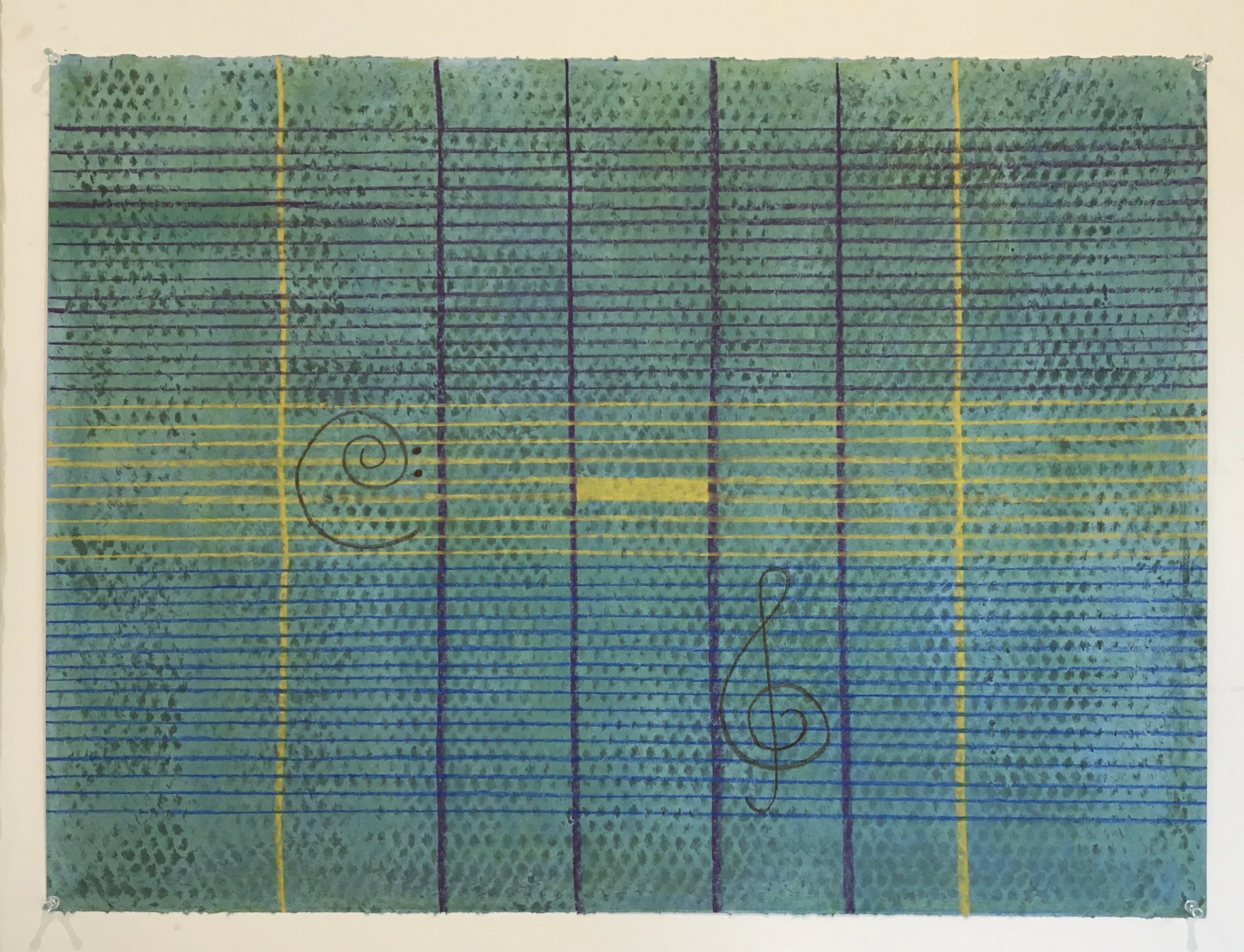  Notes In Time  
Soft pastels, acrylic, screen print, wax rubbing | 36" x 27"