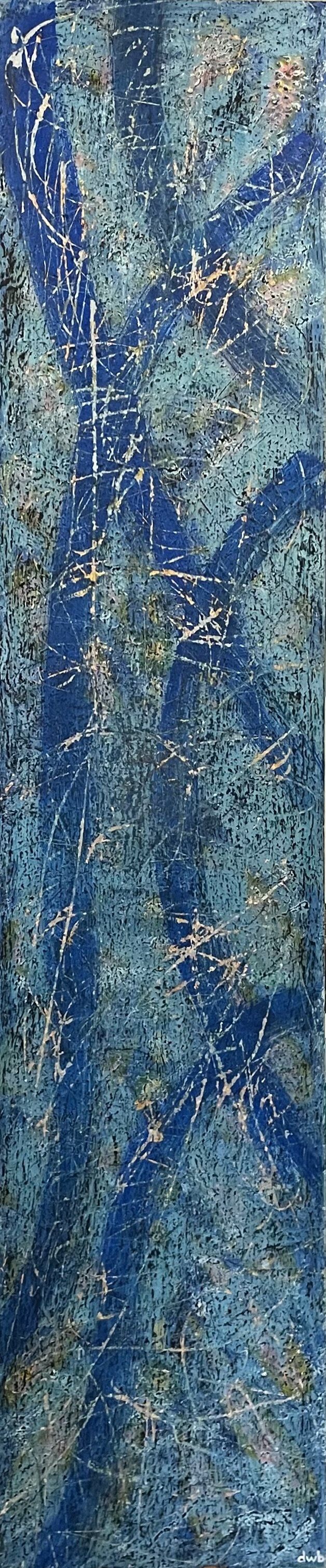  Currents  
Acrylic, oil pastels, on salvaged wood panel | 16" x 65"