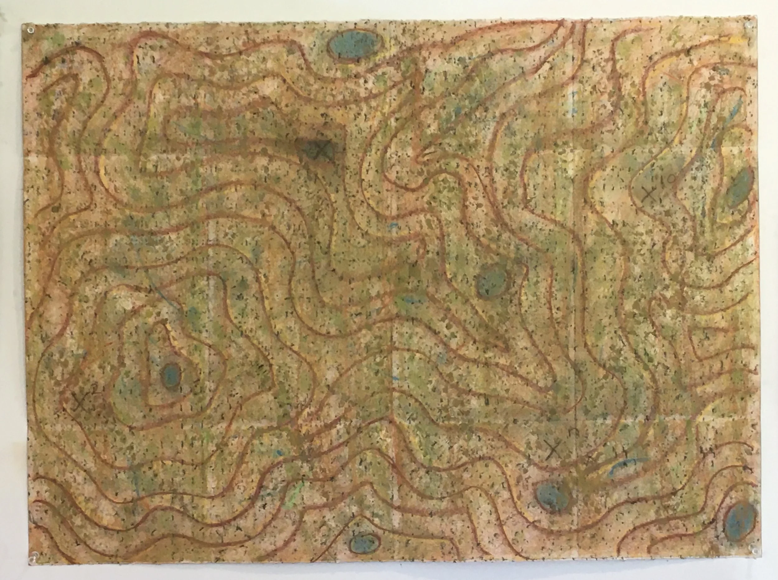 Treasure Map  
Soft pastels, acrylic, screen print, wax rubbing | 36" x 27"