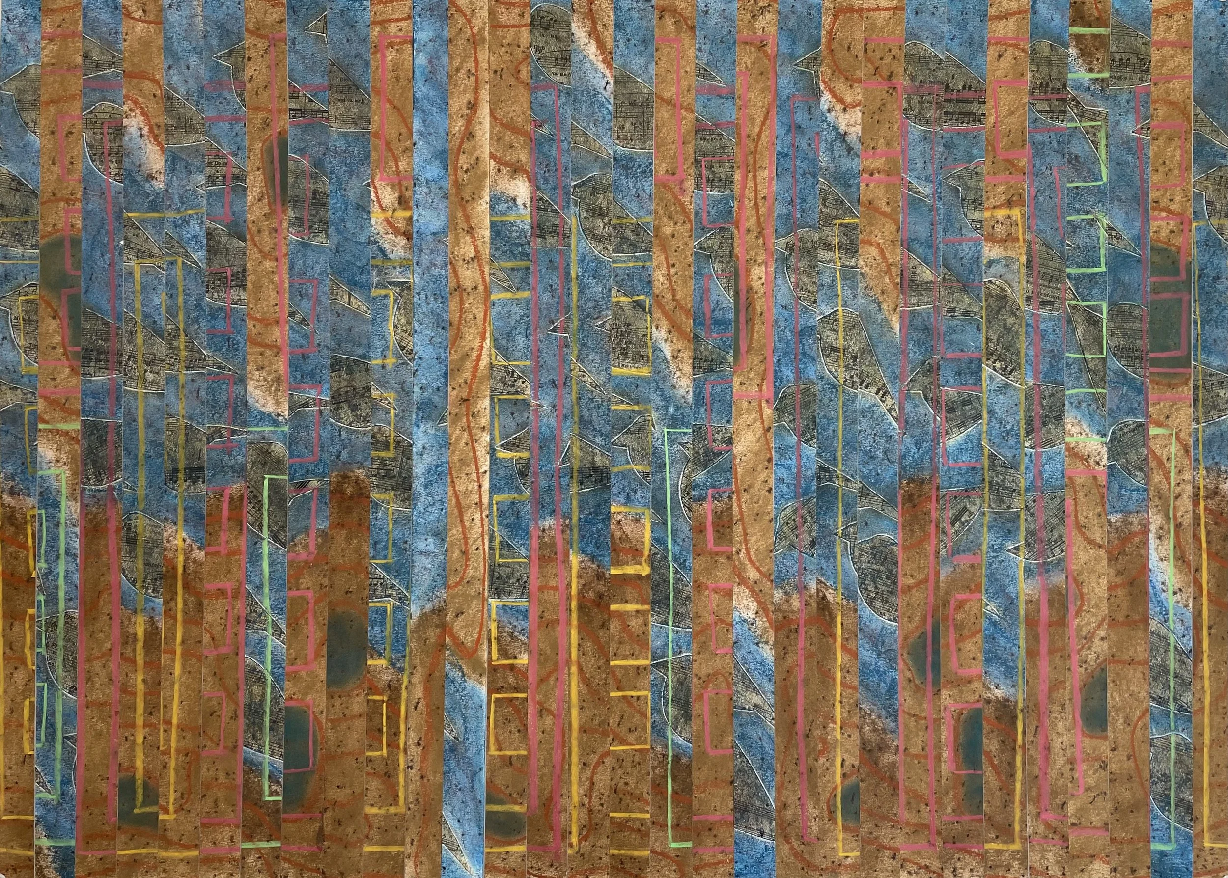  Requiem  
Soft pastels, acrylic, screen print, wax rubbing, collage | 36" x 27"