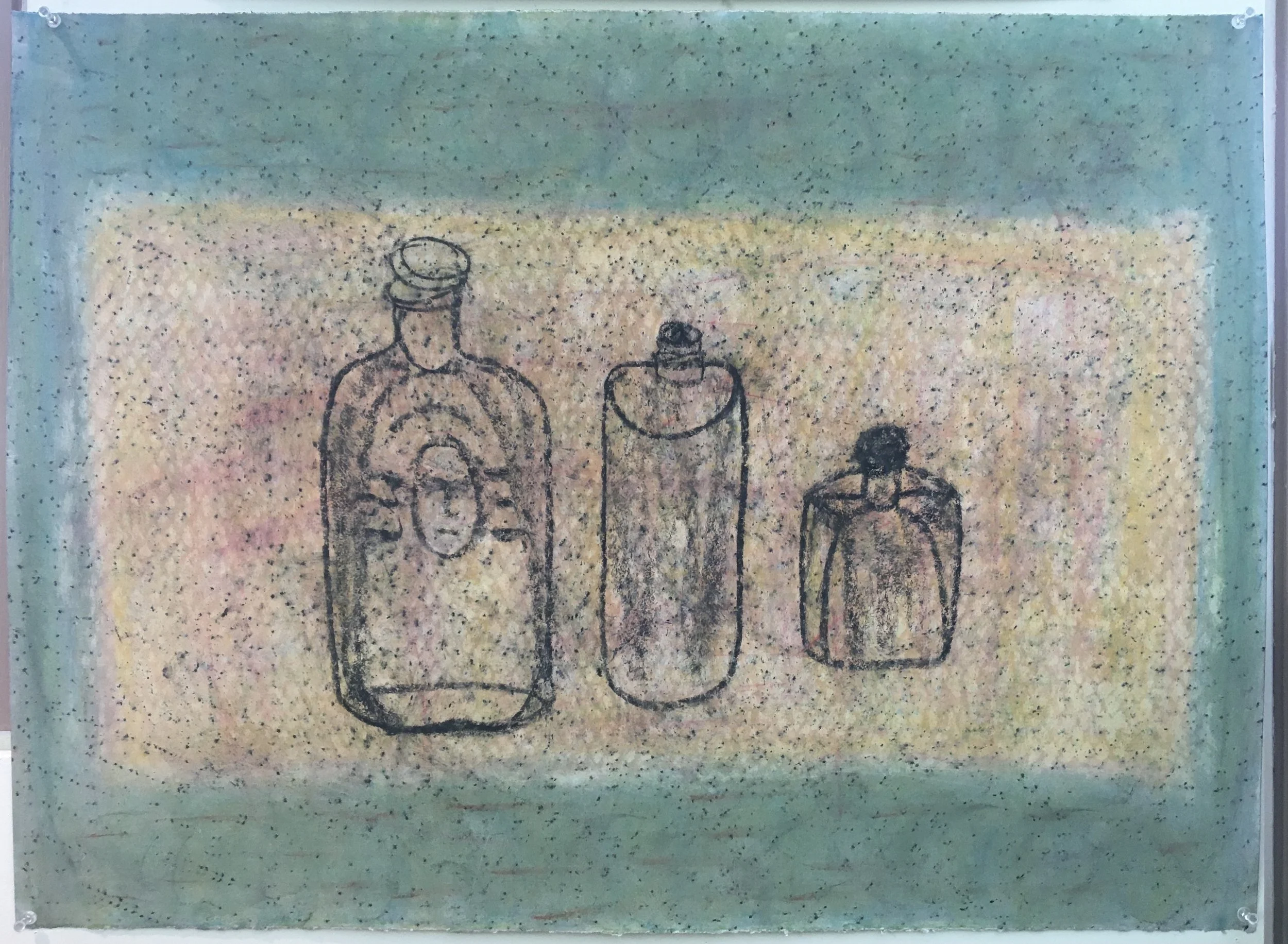  Bottles  
Soft pastels, acrylic, screen print, wax rubbing | 36" x 27"