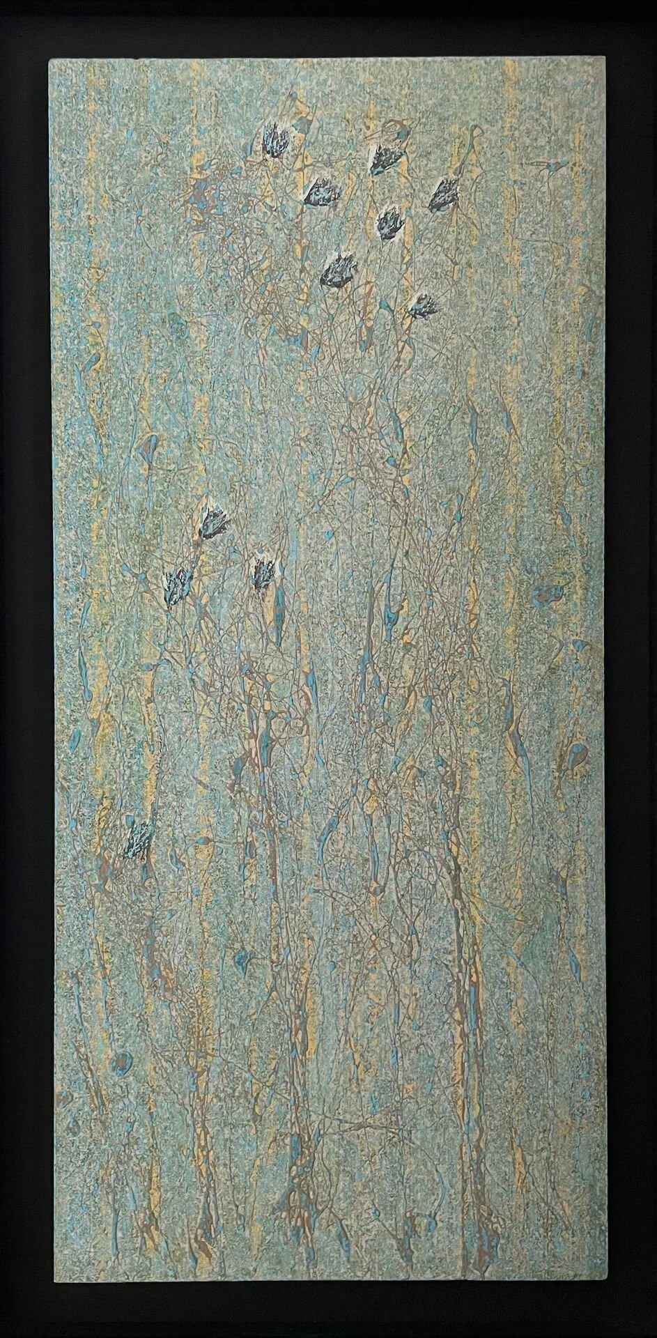  In The Back Garden  
Acrylic, soft and oil pastels, on salvaged cement board | 20.5" x 40"