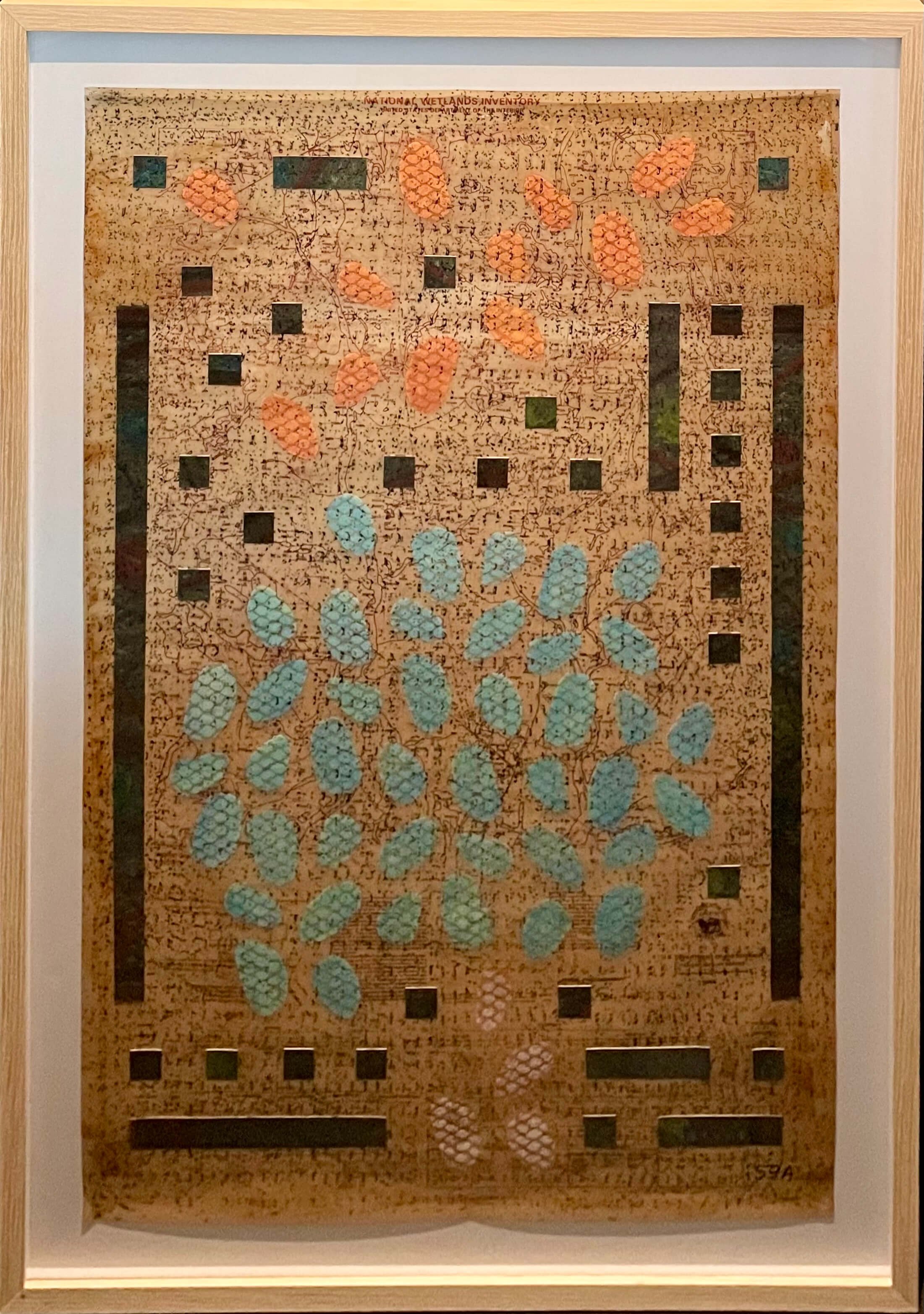  Pushing The Boundaries  
Soft pastels, acrylic, screen print, wax rubbing, collage, on vintage mylar map | 29" x 41"