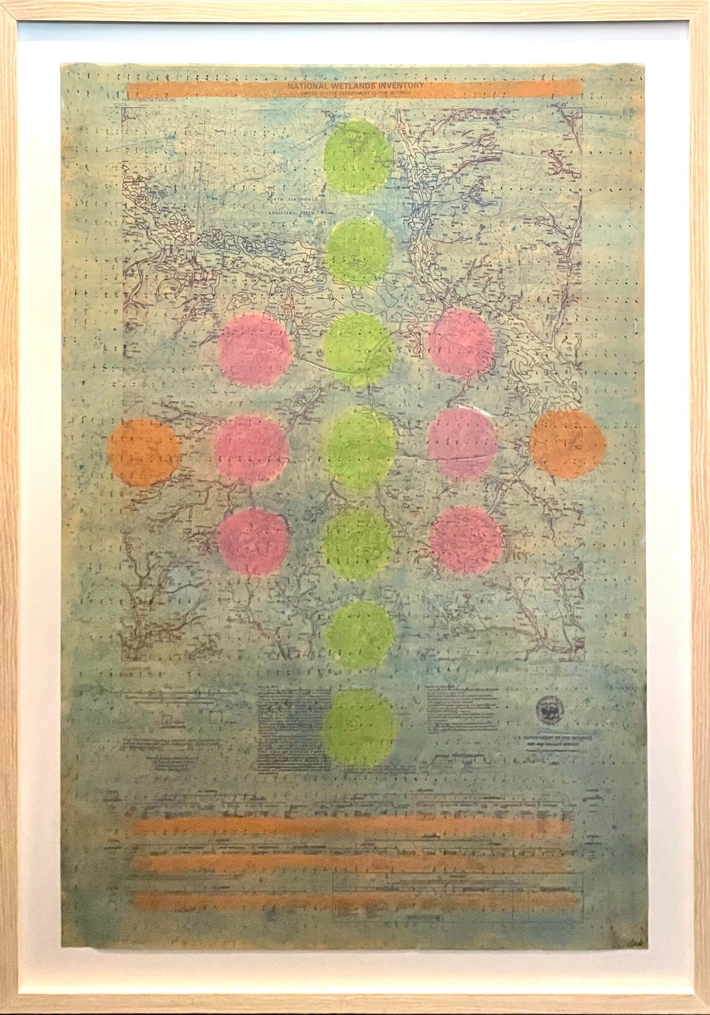  Mapping I  
Soft pastels, screen print, wax rubbing, on vintage mylar map | 29" x 41"