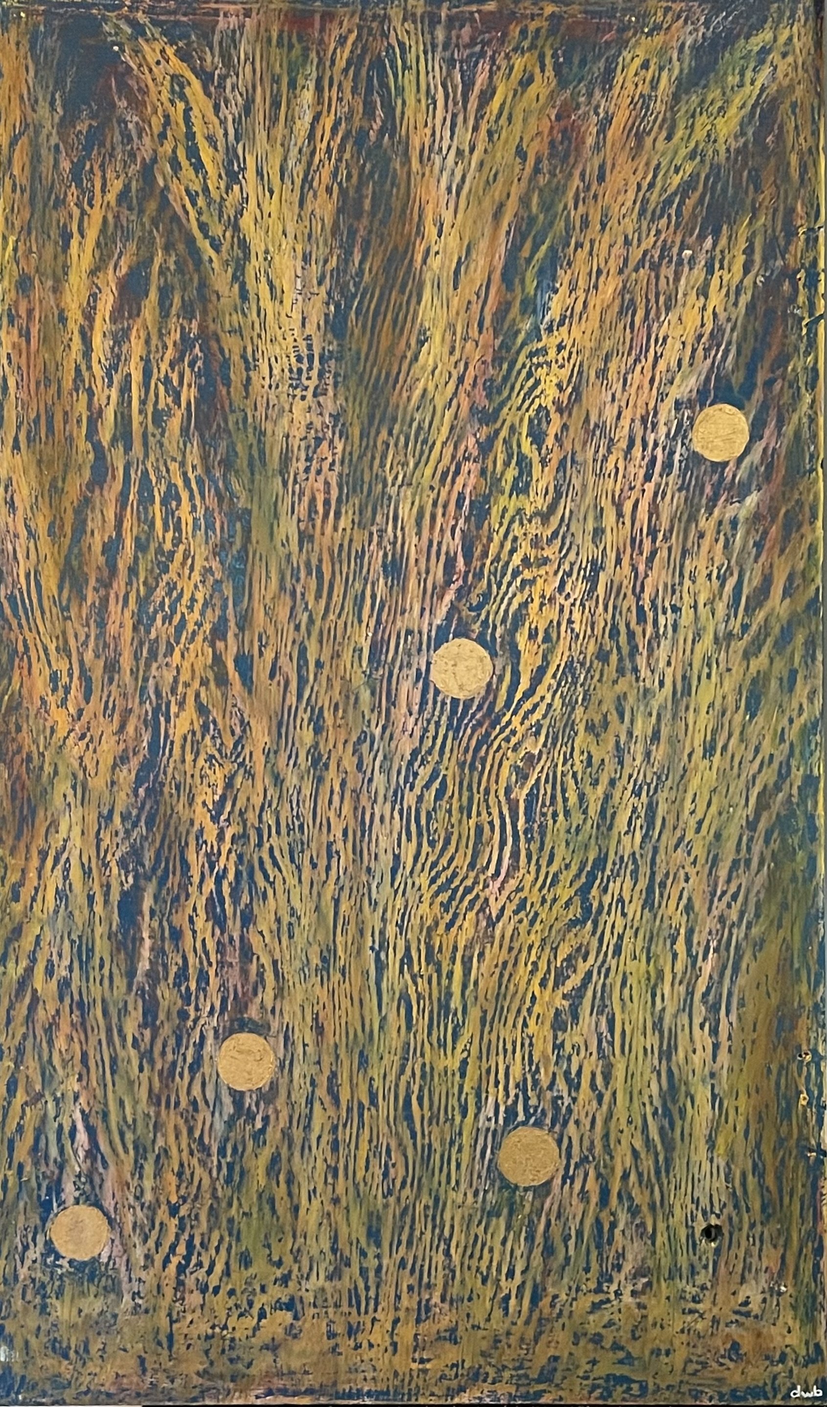  Meadow Grasses At The End Of The Rainbow  
Oil pastels, gold leaf, on salvaged wood panel | 19" x 31"