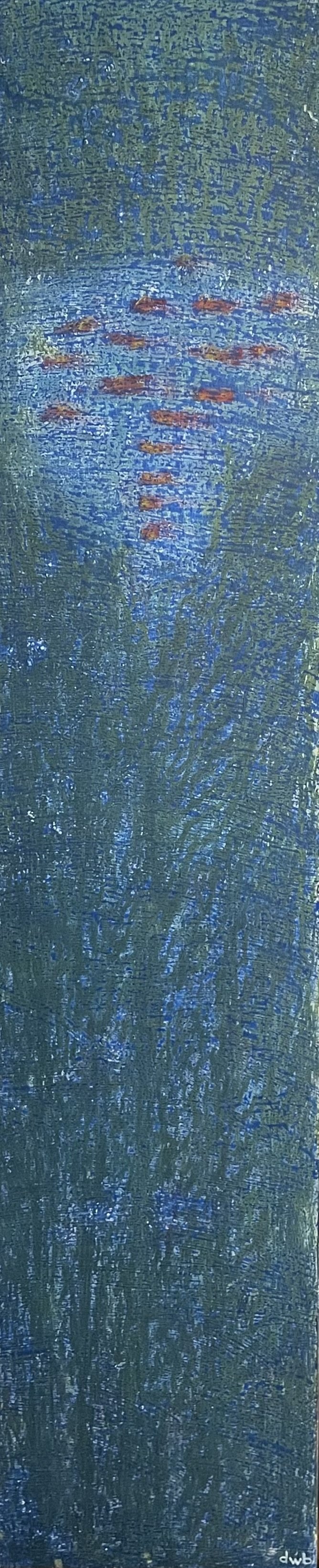  Shrimp In A Kelp Forest  
Acrylic, oil pastels, on salvaged wood panel | 16" x 65"