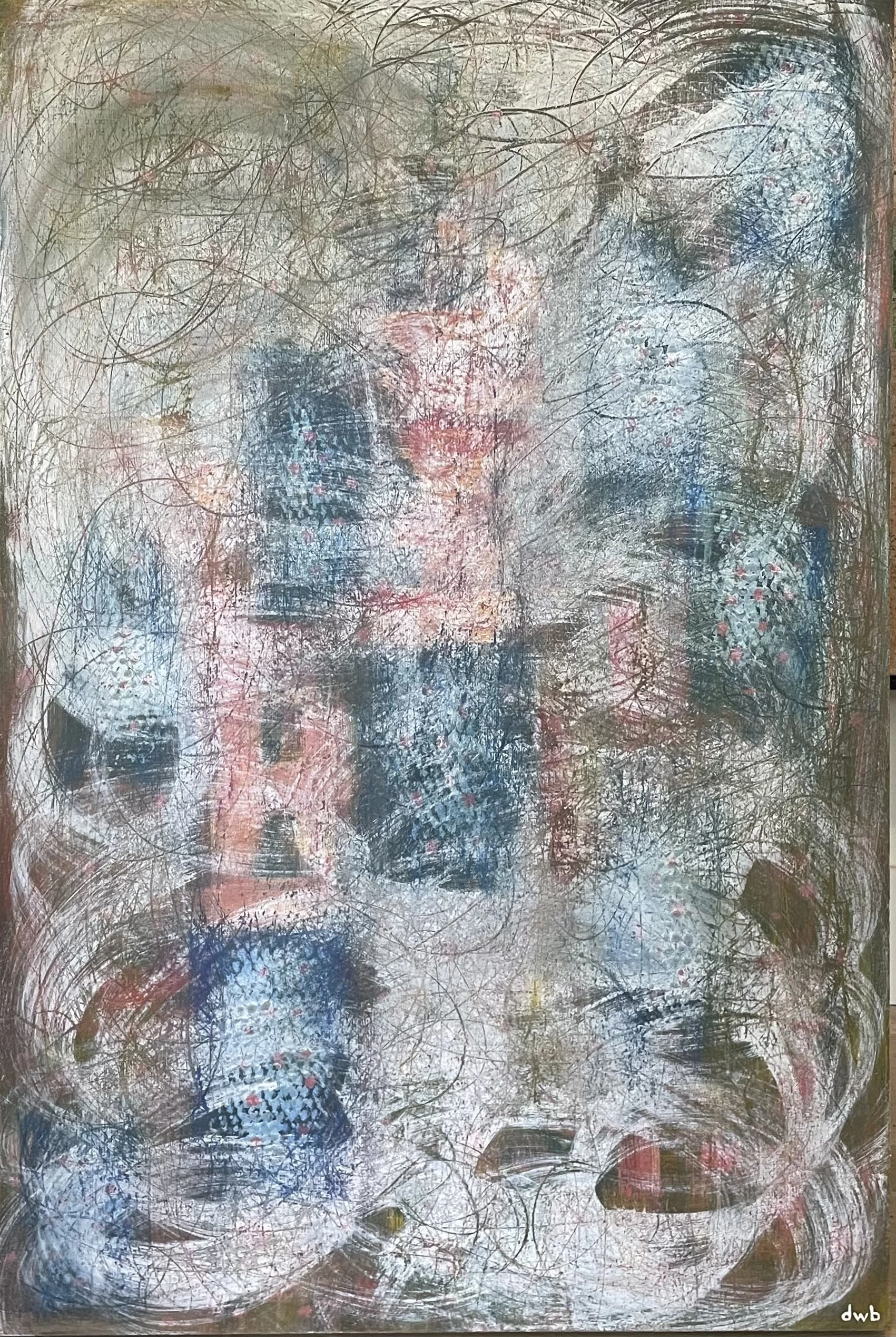  Beyond  
Acrylic, pastels, screen print, on cradled wood panel | 25" x 37"