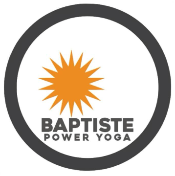 Baptiste Power Yoga logo featuring a stylized orange sun and bold black text
