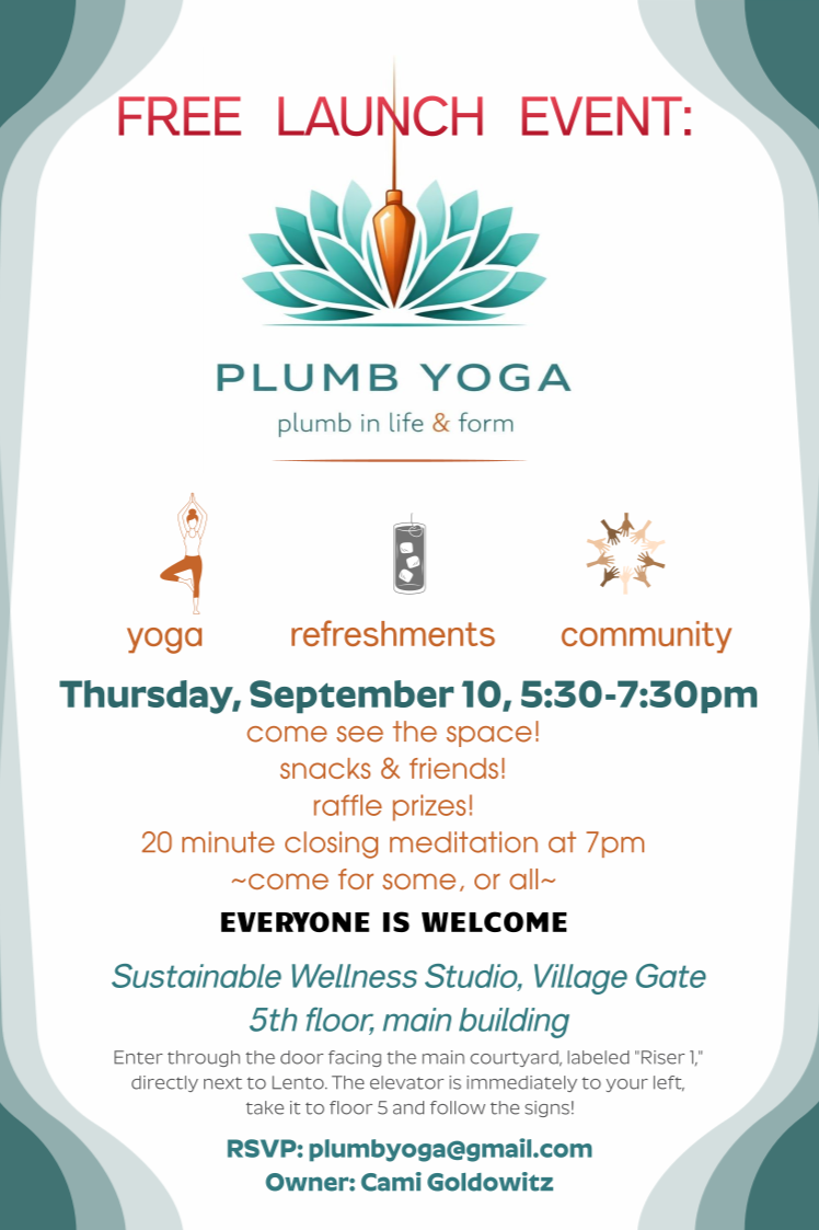 Flyer for a free launch event promoting Plumb Yoga, featuring a lotus flower graphic with a plumb bob, and details about the event including date, time, activities, location, and RSVP information.