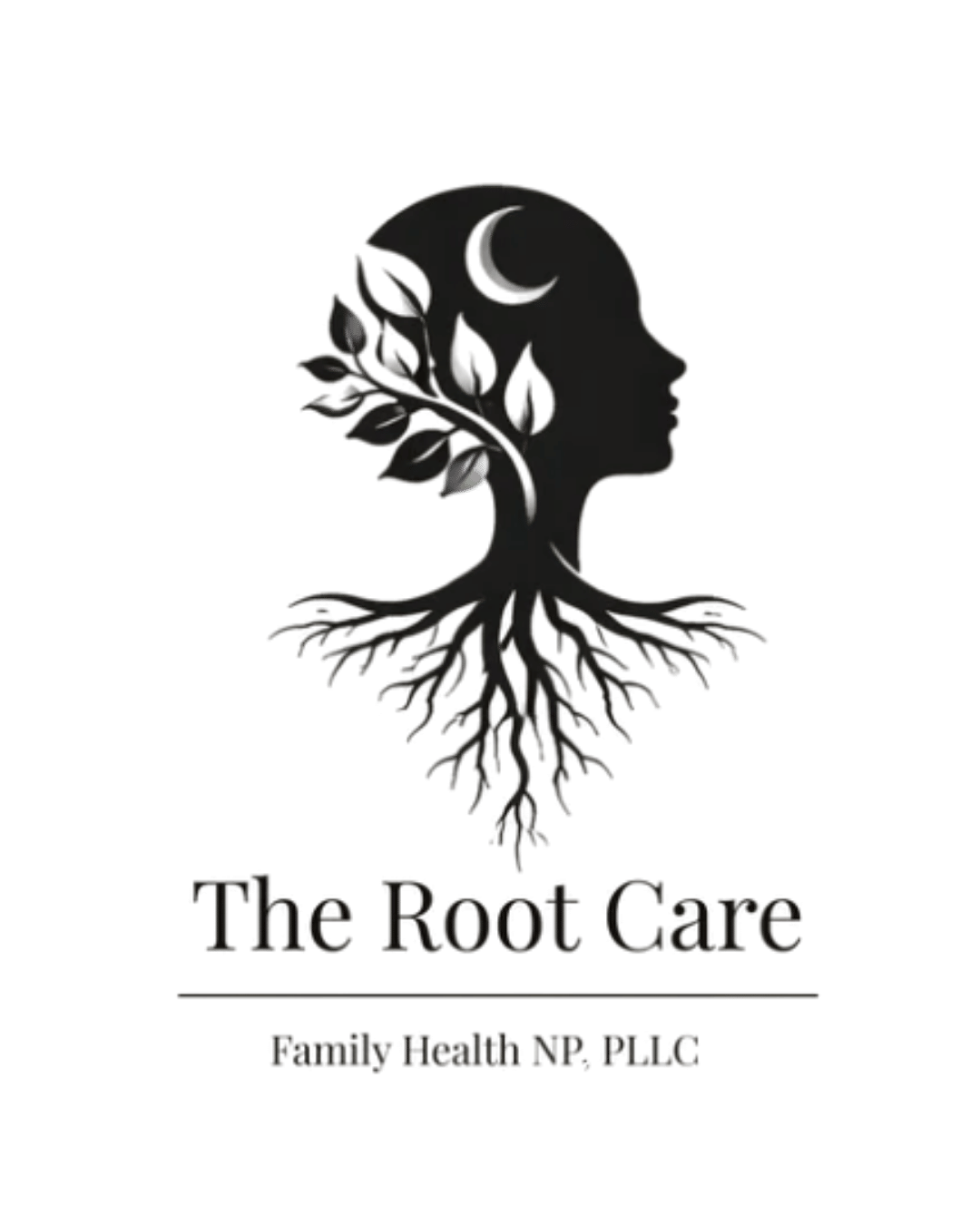 Logo with a woman's profile, tree roots, moon, and leaves, with the text 'The Root Care' and 'Family Health NP, PLLC' underneath.