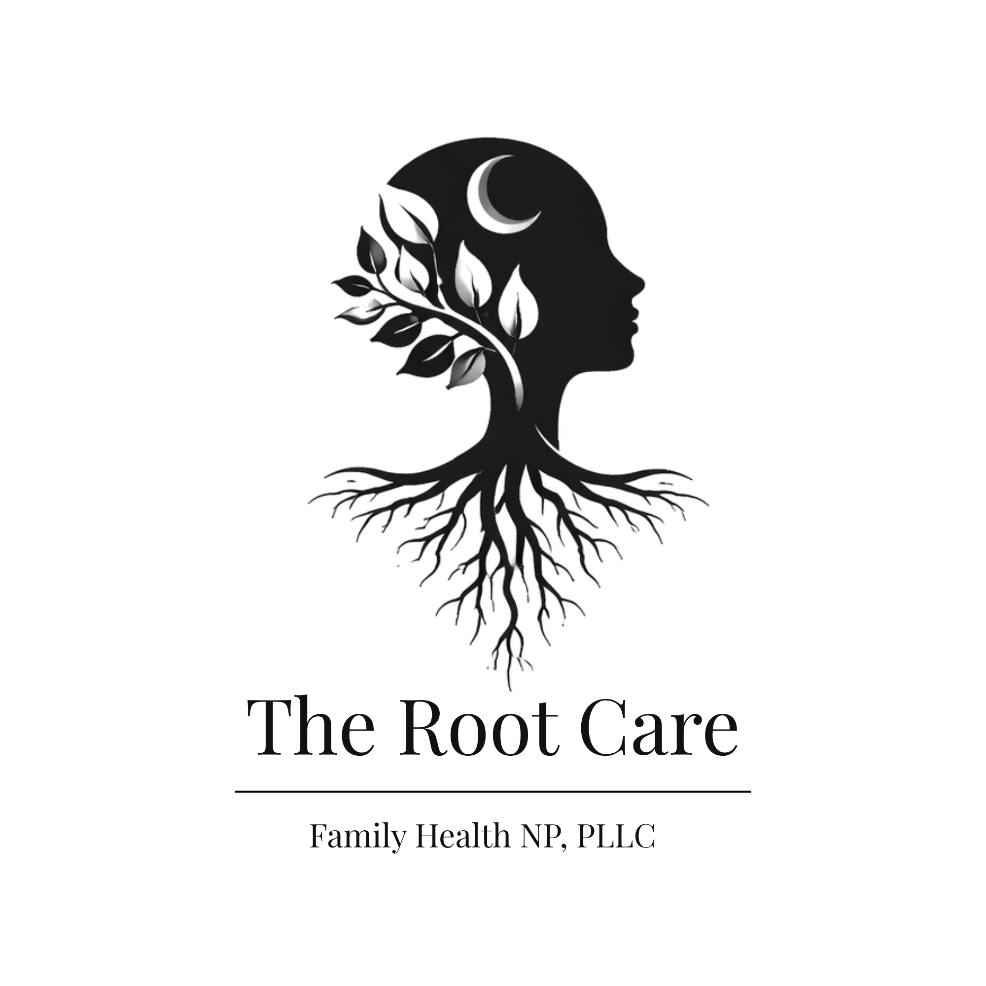 A thank you card or image with a black background, featuring a silhouette of a human head with a tree growing from it, with branches forming crescents, and swirling text elements.