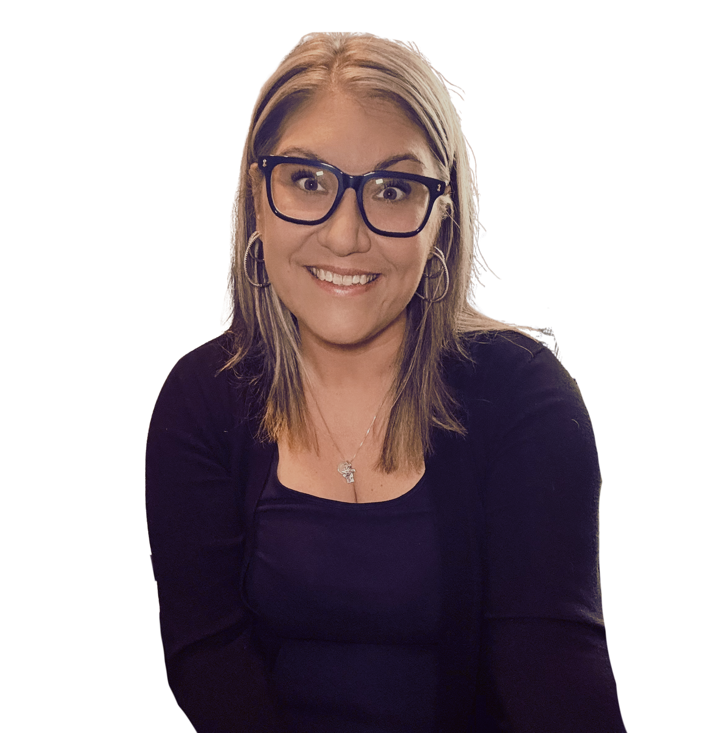 Smiling woman with blond hair, black glasses, large earrings, and a pendant necklace.