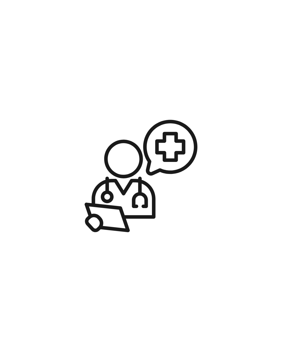 Outline of a healthcare professional with a stethoscope around their neck, holding a tablet, with a speech bubble containing a medical cross.