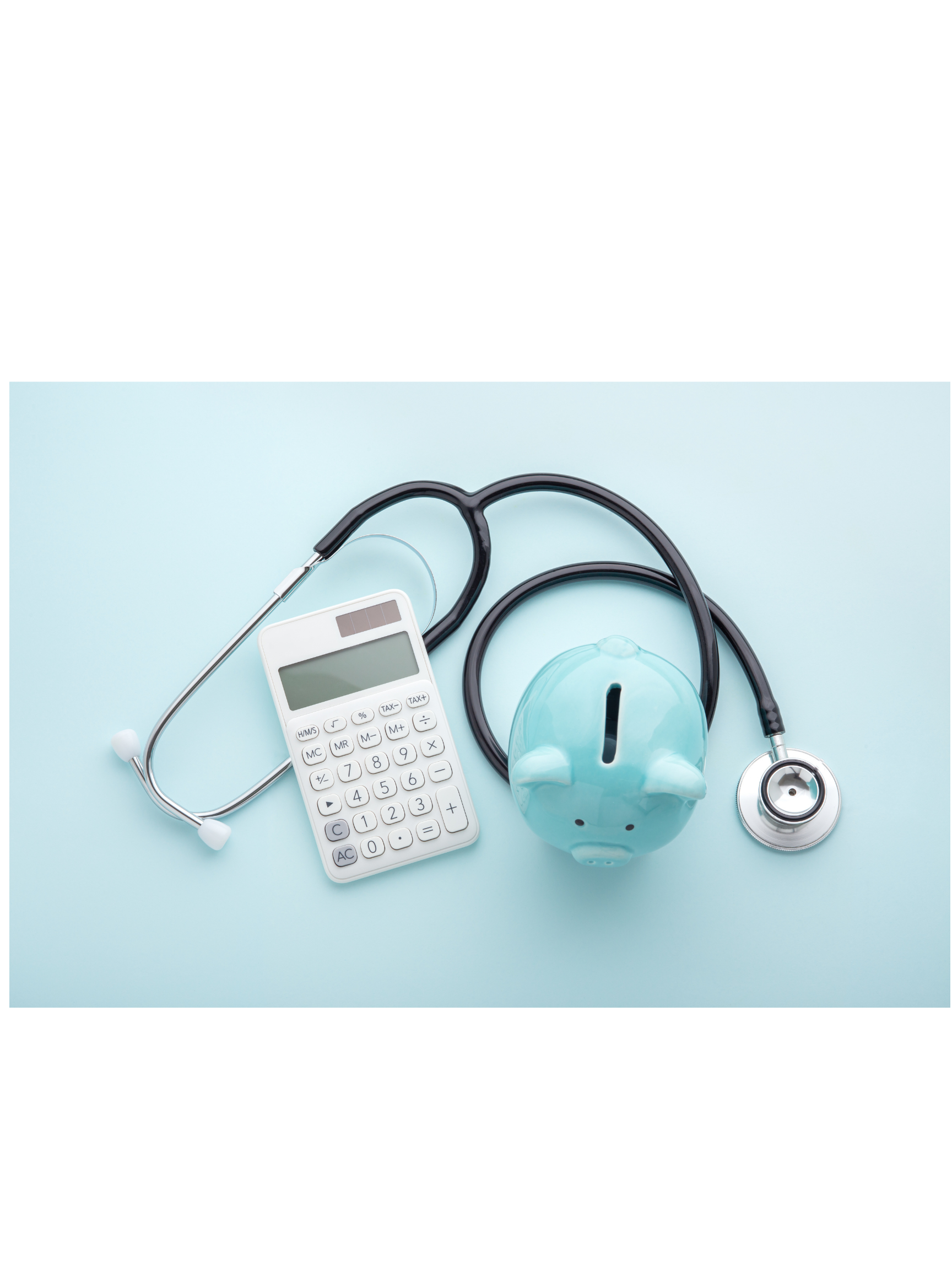 Medical stethoscope, calculator, piggy bank, and hearing aids arranged on a light blue background.