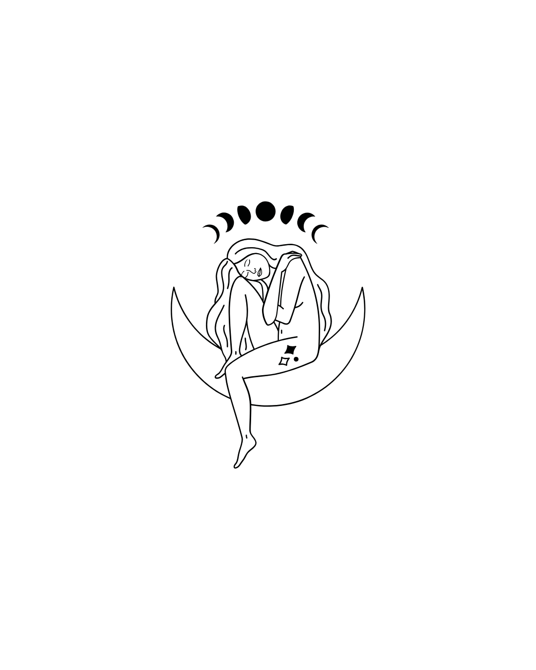 Black line drawing of a woman sitting on a crescent moon, with stars and celestial elements around her, in a mystical or fantasy style.