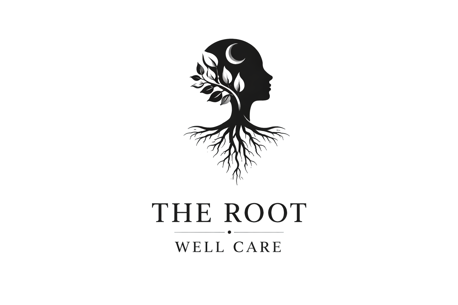 A logo with a black silhouette of a woman's profile with leaves and roots extending from her head, featuring a crescent moon. Beneath the graphic, it says 'THE ROOT WELL CARE' in dark letters.