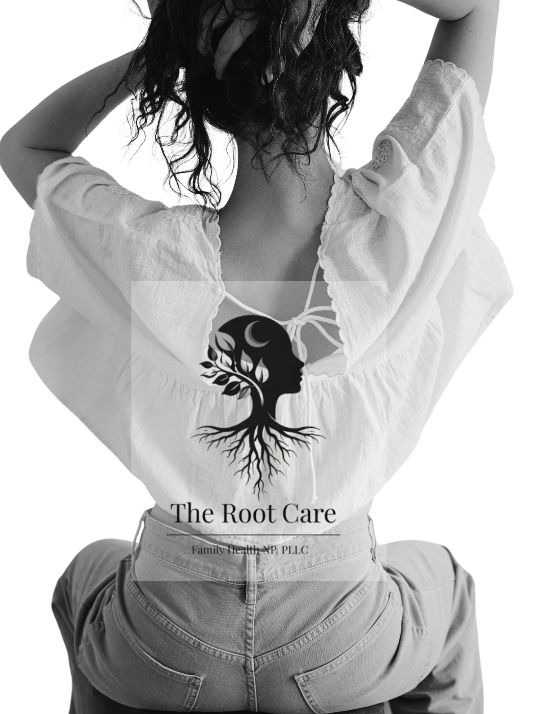 A person sitting cross-legged wearing a cropped white top and jeans, holding a poster titled 'The Root Care' with a black silhouette of a person's head with a tree growing inside it.