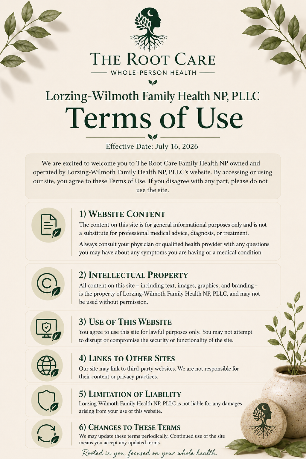 Terms of Use document for The Root Care Whole-Person Health, LLC, with logo featuring a tree growing from a profile of a person's head, on a beige background with green leaves and roots, and a stone with the logo and a potted plant.