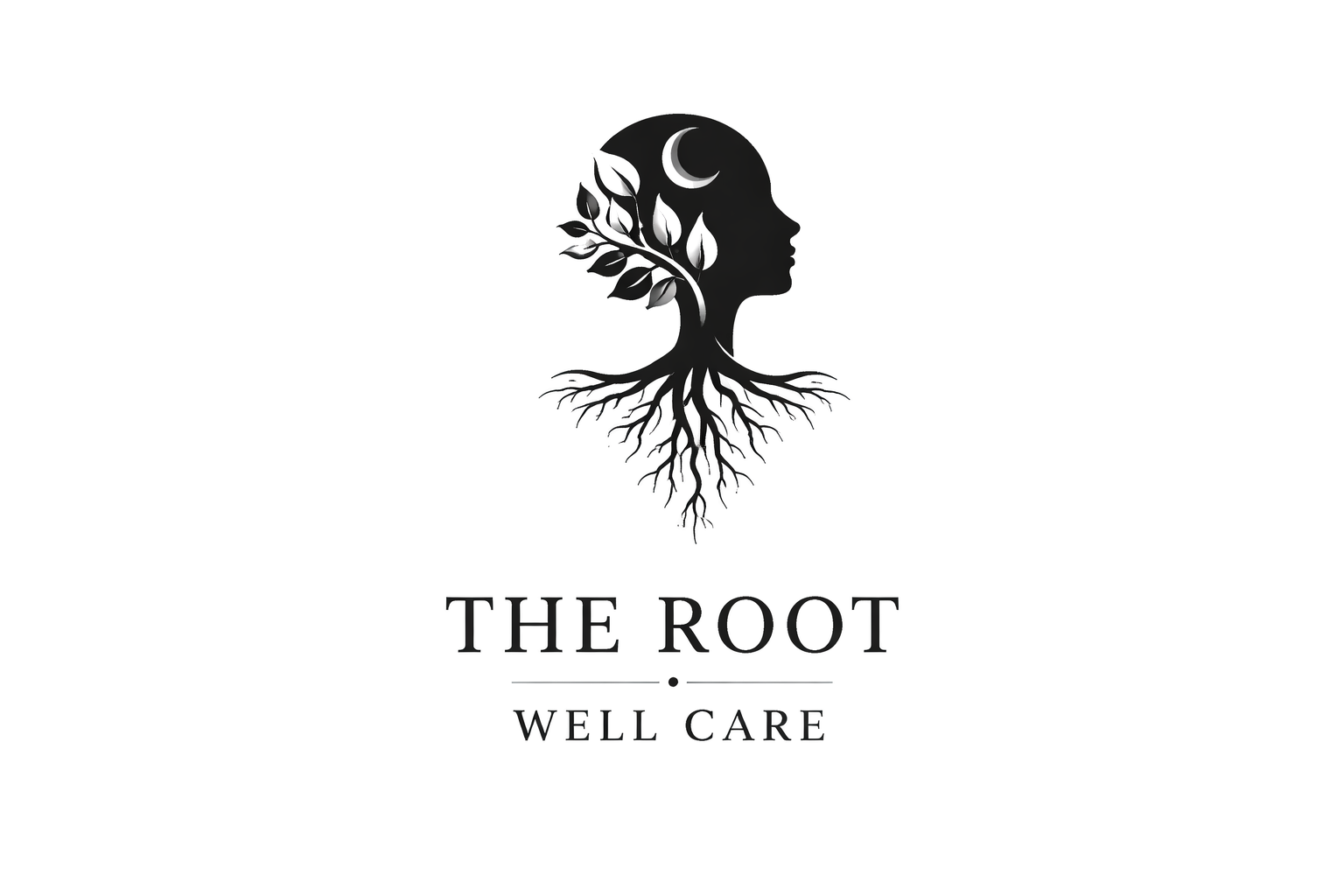 A dark-themed logo with a silhouette of a woman's side profile integrated into a tree with roots. The tree has leaves and a crescent moon above her head. The text below reads 'THE ROOT WELL CARE'.