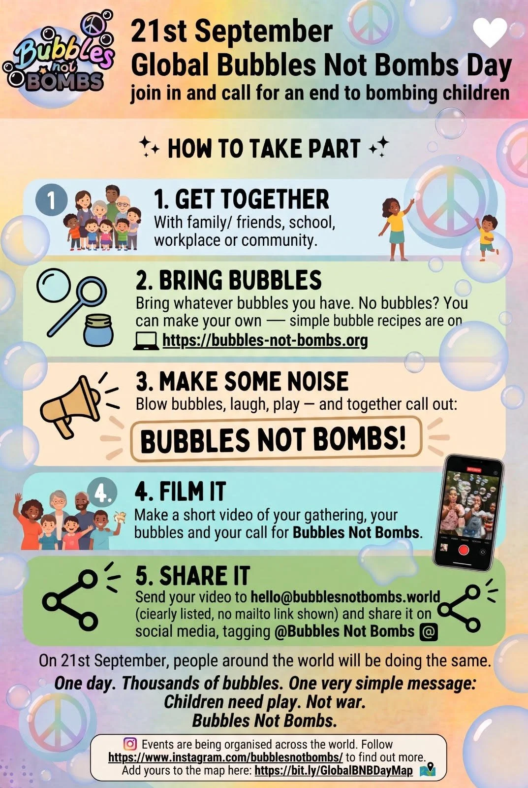 A colorful infographic promoting Global Bubbles Not Bombs Day on September 21st, with steps on how to participate: gathering with family or friends, bringing bubbles, making noise, filming the event, and sharing the video online, all advocating for children and peace.