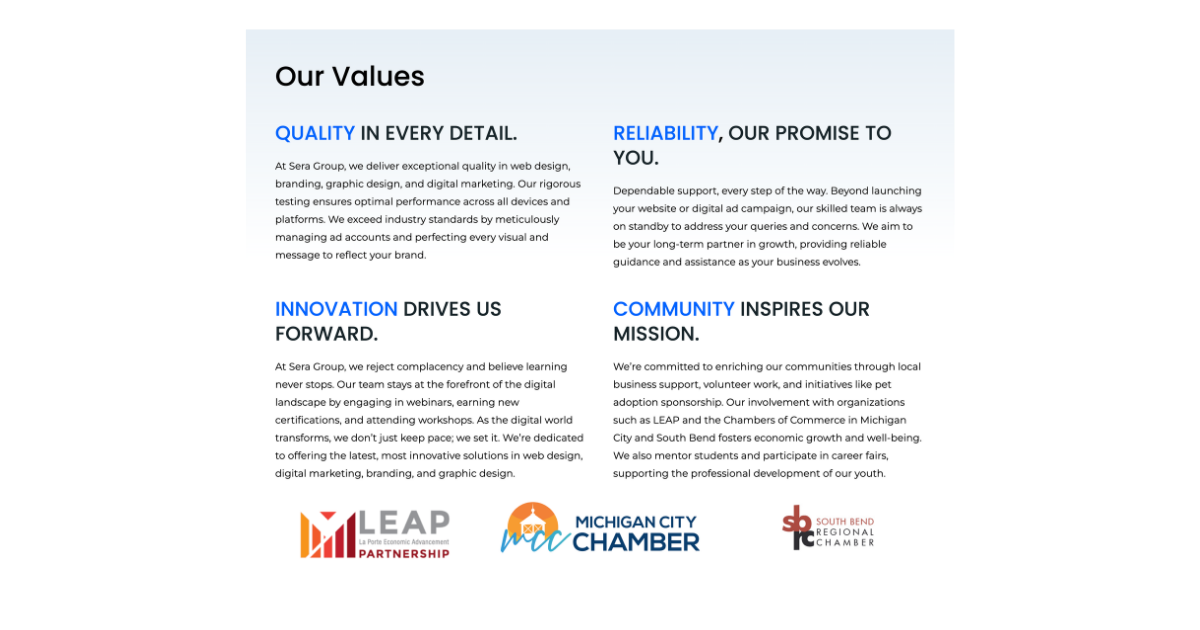 Sera Group About Us Values Section
