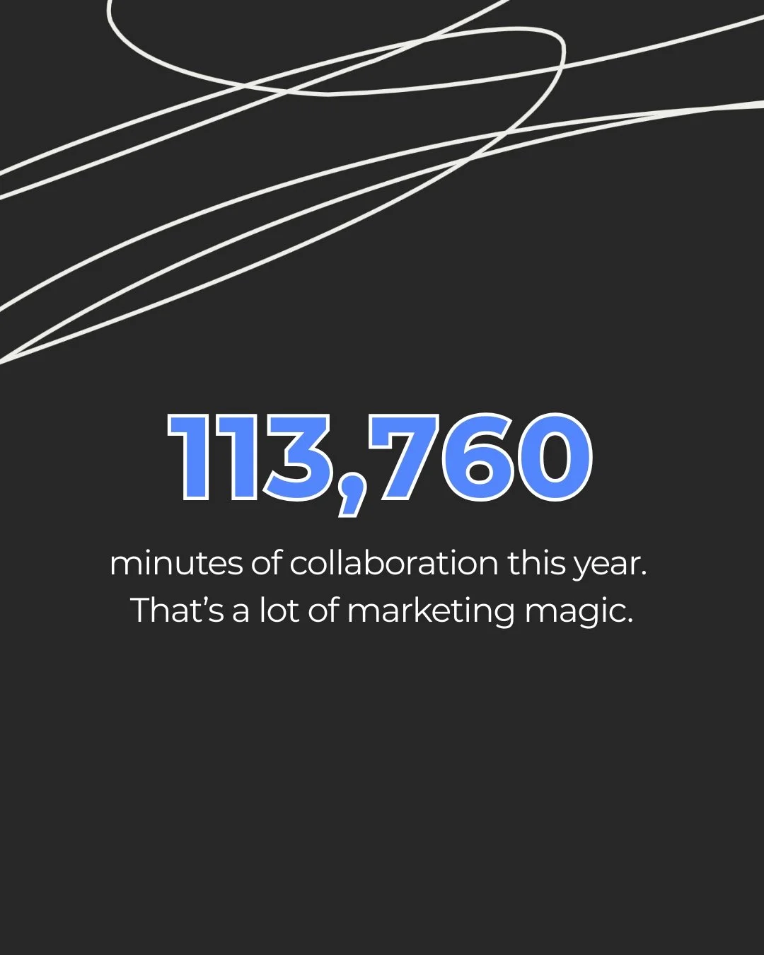 Text on a dark background showing 113,760 minutes of collaboration this year, with decorative white lines at the top.