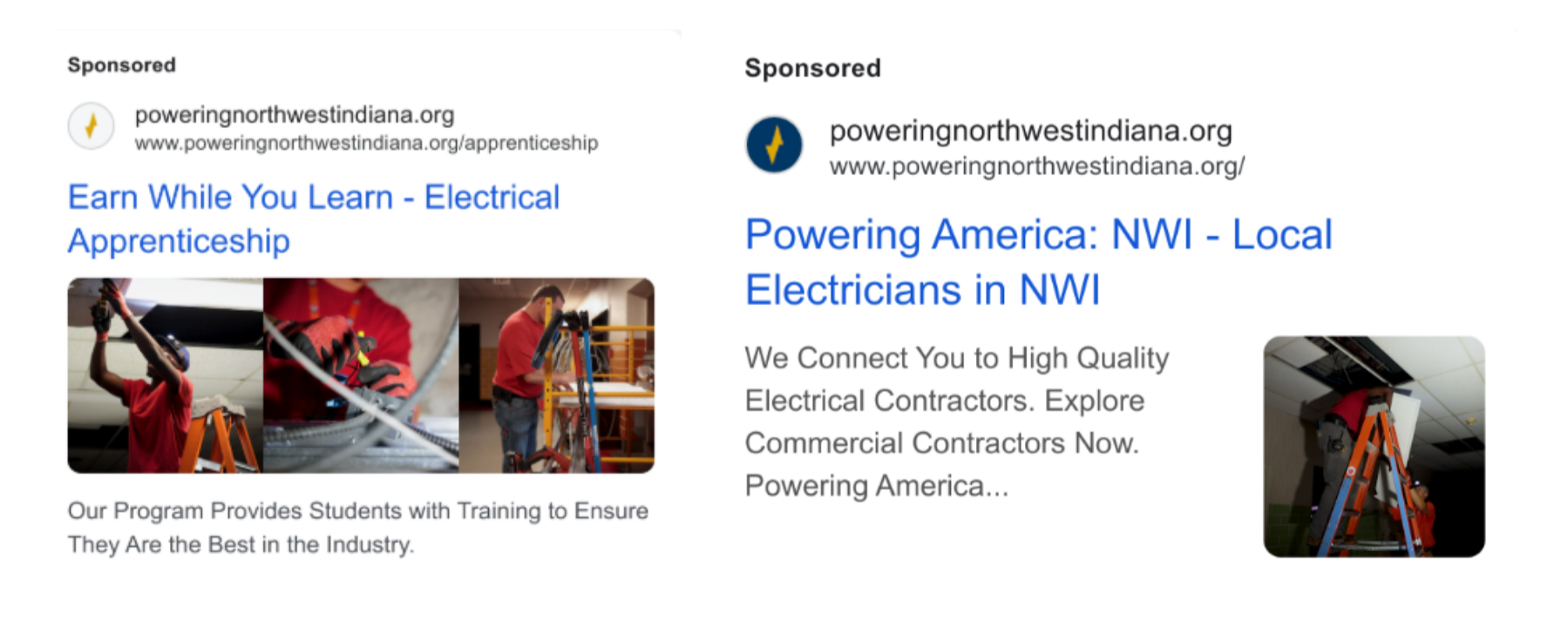 Two advertisements for electrical apprenticeship programs by Powering North West Indiana. The left ad shows a person in red working with electrical tools on a ladder, with images of similar scenes. The right ad features a person installing ceiling panels, with a similar scene, and text about connecting students to electrical contractors.