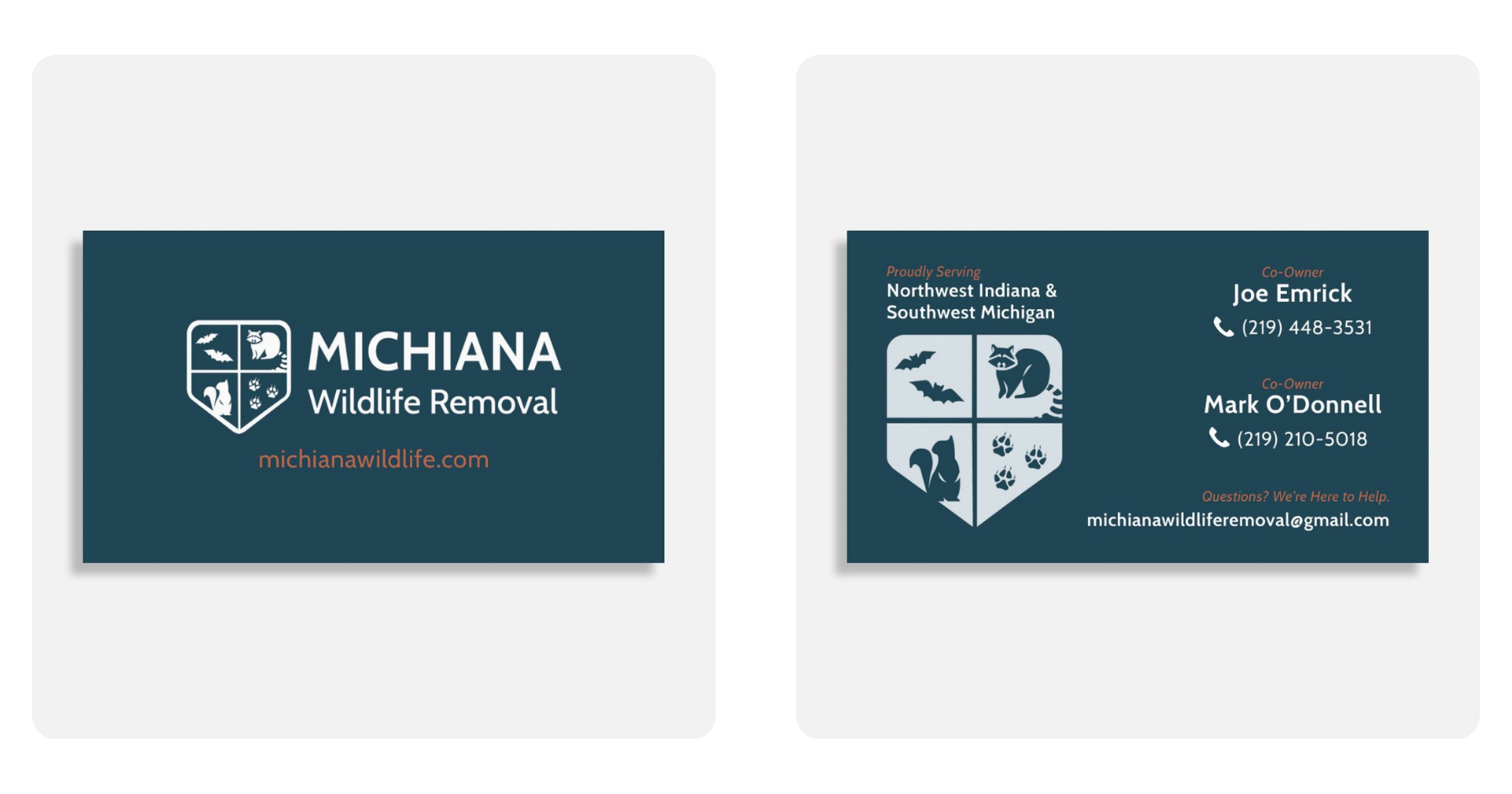 Business card for Michiana Wildlife Removal with logo, website, contacts, and service area in Northwest Indiana and Southwest Michigan.