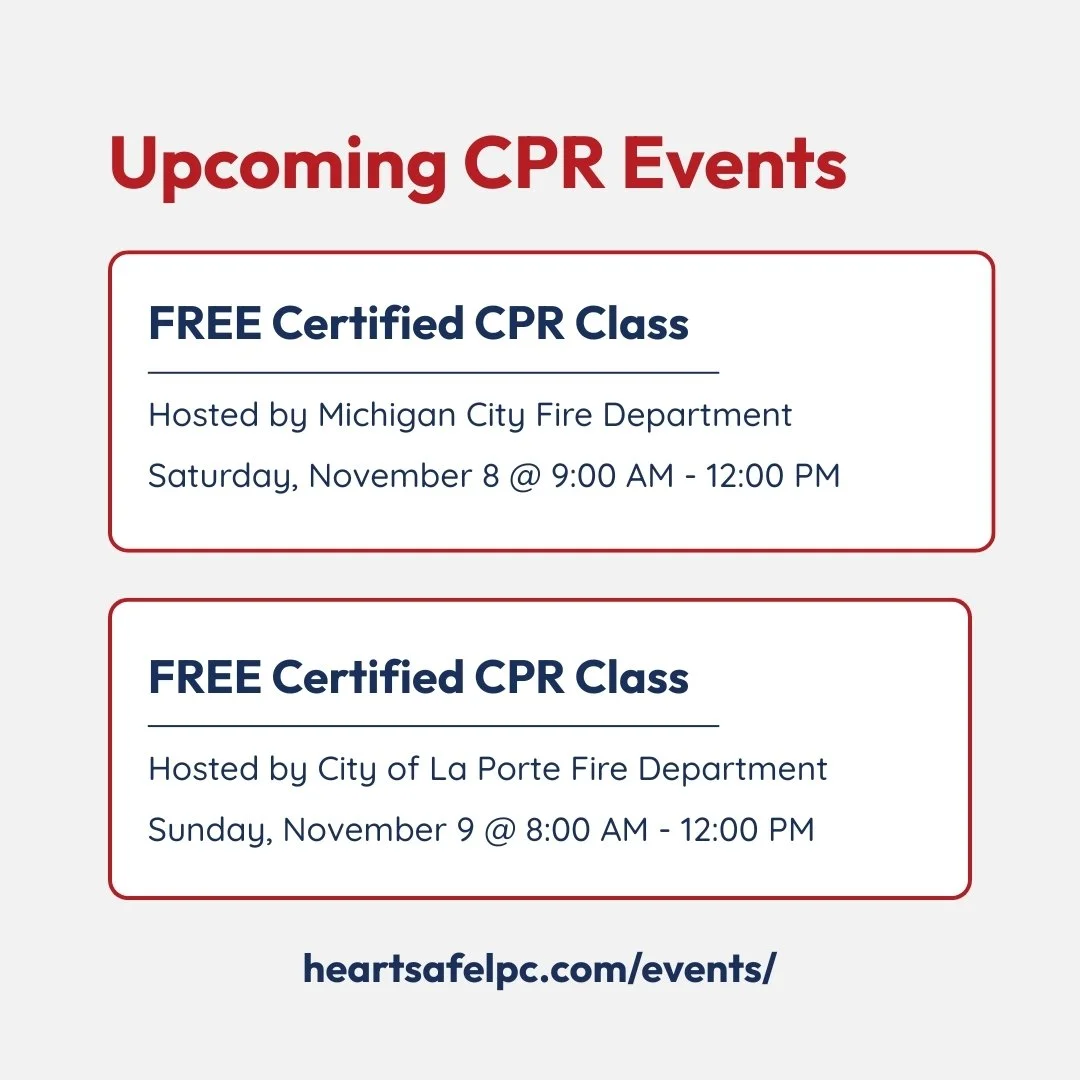 Upcoming CPR Events poster with two listings for free certified CPR classes hosted by Michigan City Fire Department and City of La Porte Fire Department, including dates, times, and a website link.