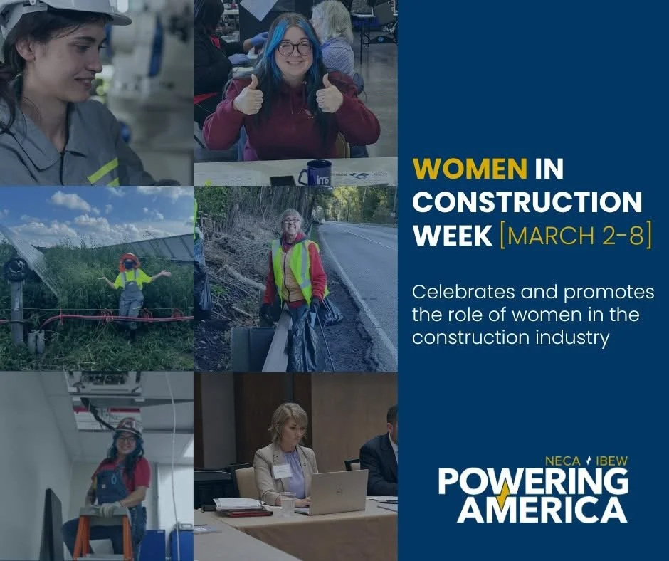 Collage of women in construction, research, and office settings promoting Women in Construction Week, March 2-8, with text celebrating women's role in the construction industry and powering America.