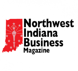 Logo for Northwest Indiana Business Magazine, featuring a red outline of Indiana with a stylized torch and white stars, alongside the black text.